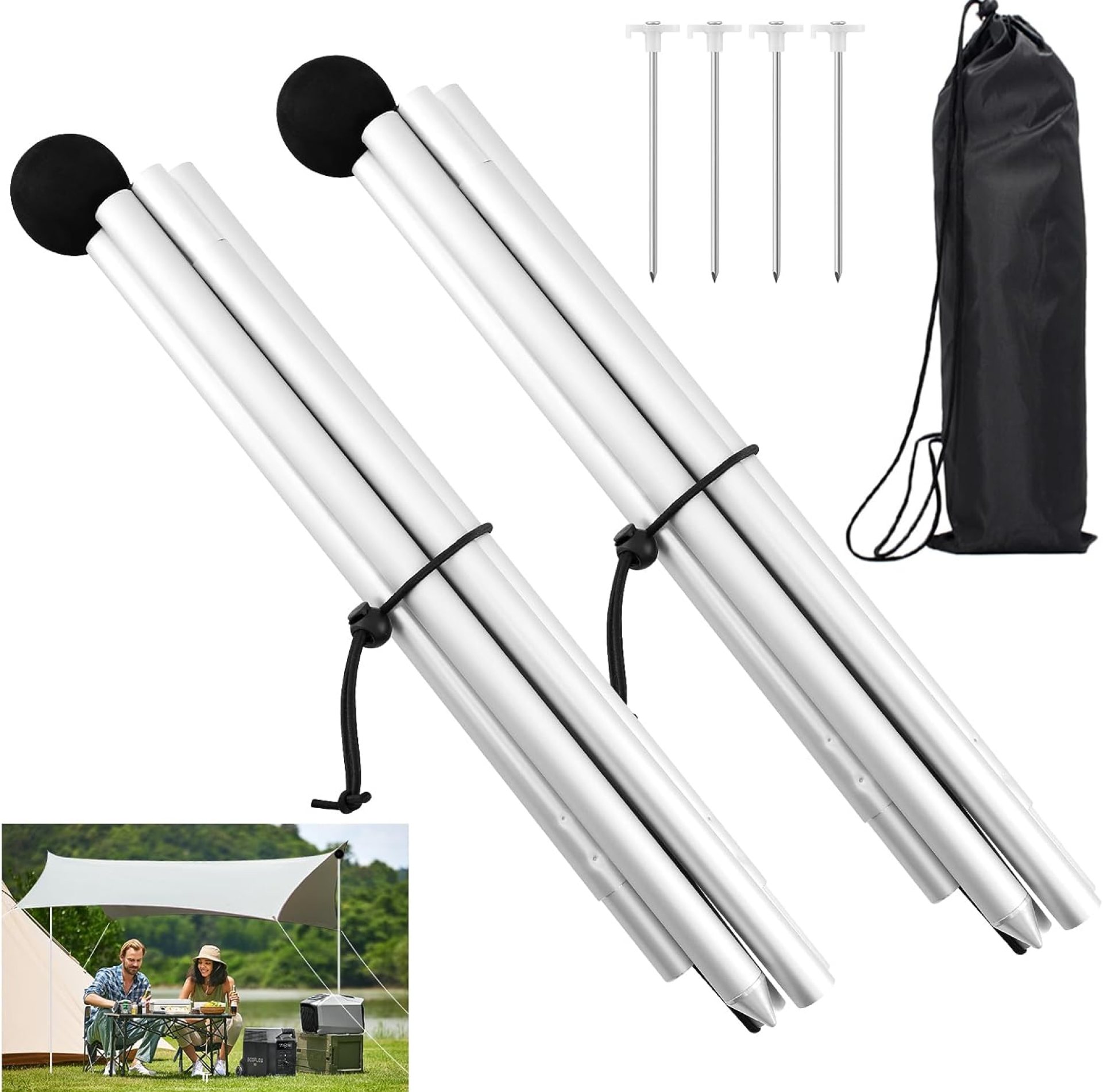 Beach Tent Poles Replacement – 6.56Ft Awning Poles with Ground Stakes for Tarp Canopy, Foldable Aluminum Alloy Tarp Poles for Camping, Parties, Fishing, and Hiking, 2-Pack Beach Tent Poles Replacement – 6.56Ft Awning Poles with Ground Stakes for Tarp Canopy, Foldable Aluminum Alloy Tarp Poles for Camping, Parties, Fishing, and Hiking, 2-Pack