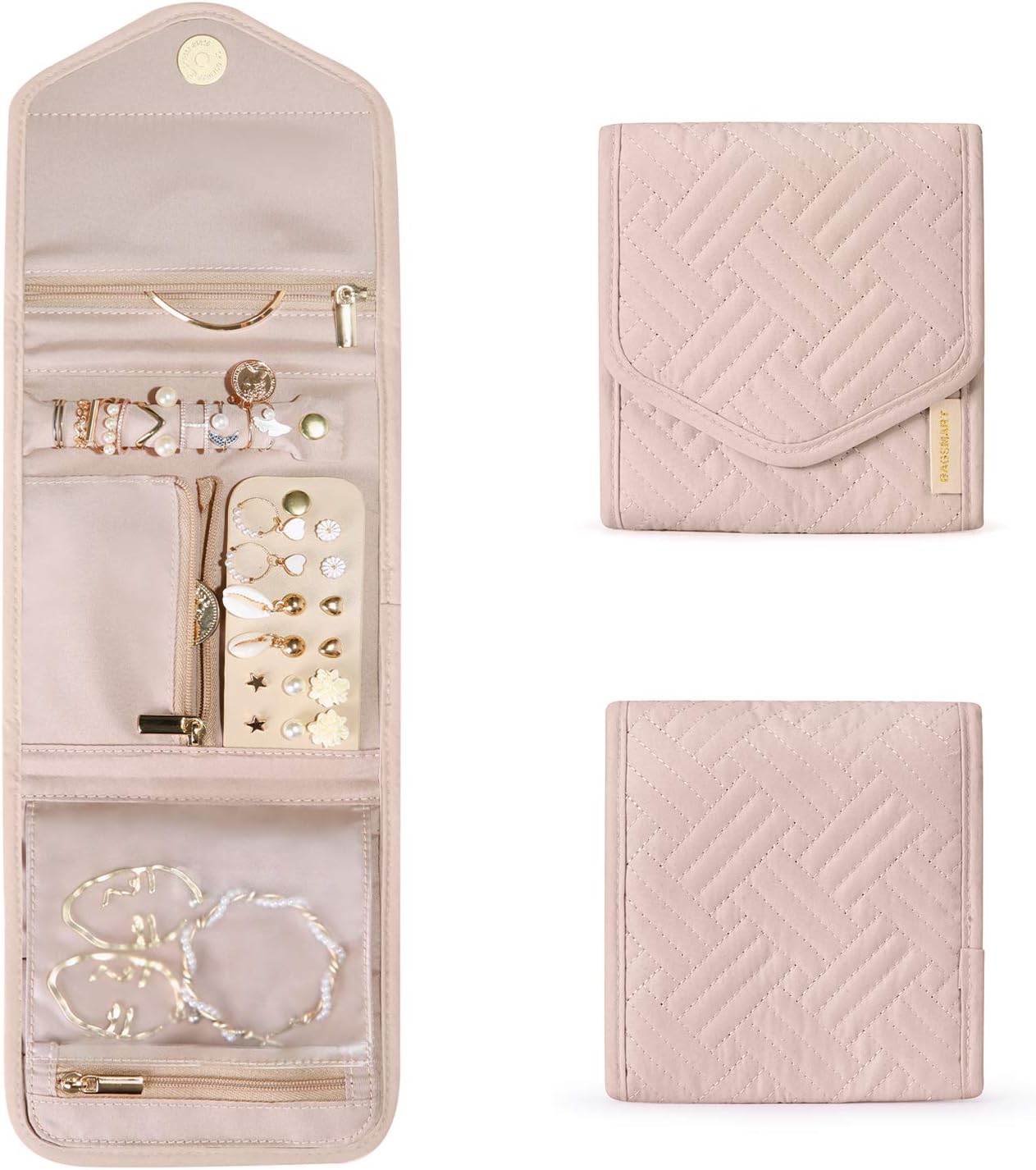 BAGSMART Travel Jewelry Organizer Case Foldable Jewelry Roll for Journey Rings, Necklaces, Earrings, Bracelets,Mini,Soft Pink BAGSMART Travel Jewelry Organizer Case Foldable Jewelry Roll for Journey Rings, Necklaces, Earrings, Bracelets,Mini,Soft Pink