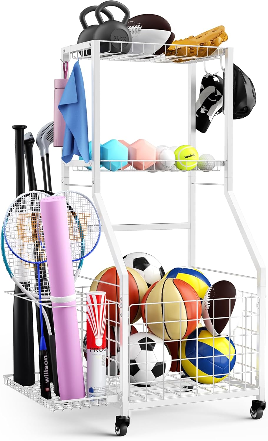 Sports Equipment Garage Organizer,Garage Ball Storage Rack with Wheels-Upgraded 3 Layers Sport Toy Organizer Rack Outdoor Basketball Racks for Balls with Holder and Hooks Sports Equipment Garage Organizer,Garage Ball Storage Rack with Wheels-Upgraded 3 Layers Sport Toy Organizer Rack Outdoor Basketball Racks for Balls with Holder and Hooks