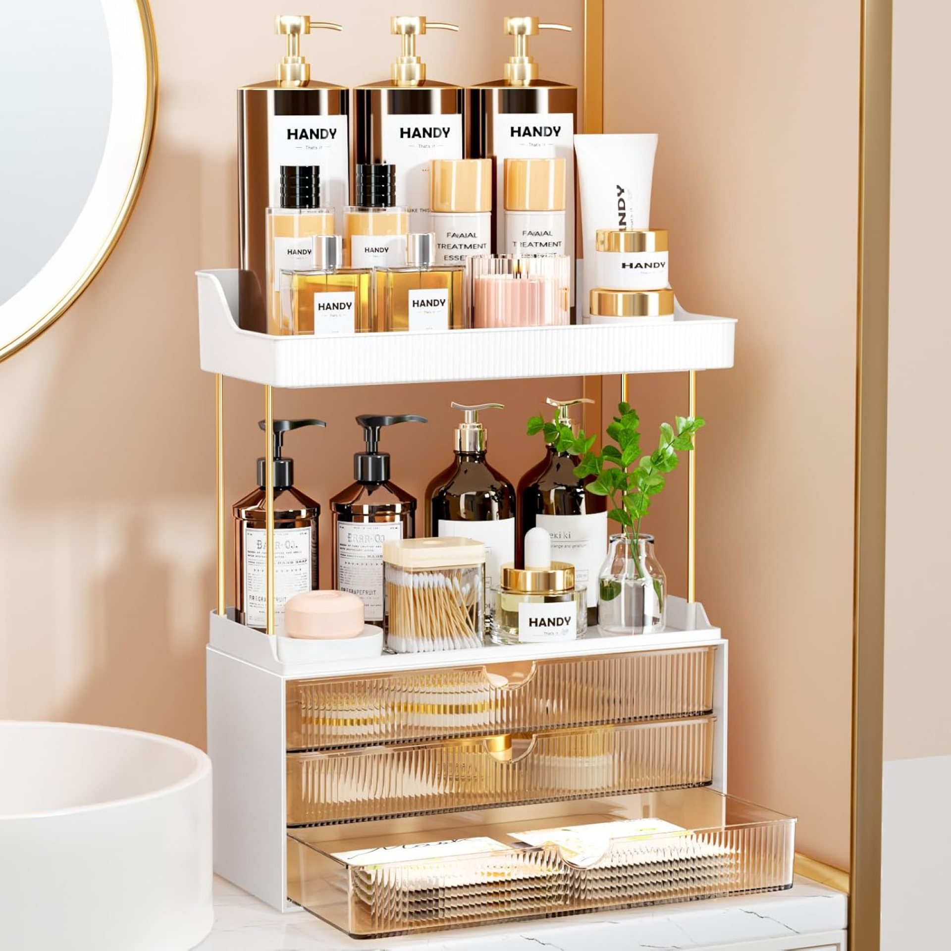 3 Drawers Makeup Organizer – 5 Tier Bathroom Organizers and Storage, Versatile Perfume Organizer, Vanity Organizer, Ideal for Cosmetic, Large Skincare, Face Mask, Office Supplies, Amber 3 Drawers Makeup Organizer – 5 Tier Bathroom Organizers and Storage, Versatile Perfume Organizer, Vanity Organizer, Ideal for Cosmetic, Large Skincare, Face Mask, Office Supplies, Amber