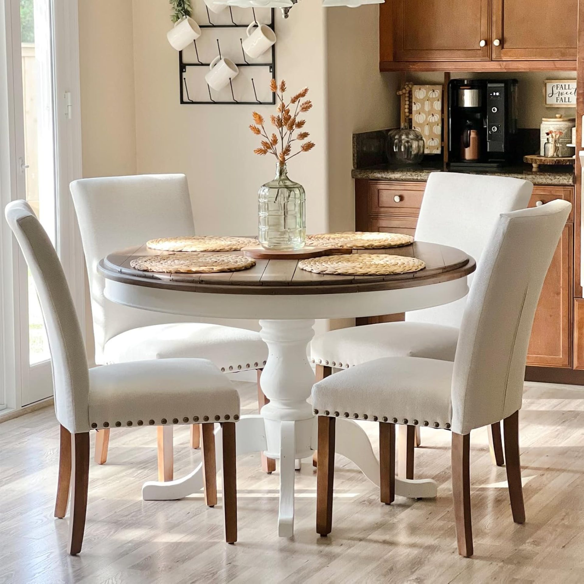 COLAMY Upholstered Parsons Dining Chairs Set of 4, Fabric Dining Room Kitchen Side Chair with Nailhead Trim and Wood Legs – Beige COLAMY Upholstered Parsons Dining Chairs Set of 4, Fabric Dining Room Kitchen Side Chair with Nailhead Trim and Wood Legs – Beige