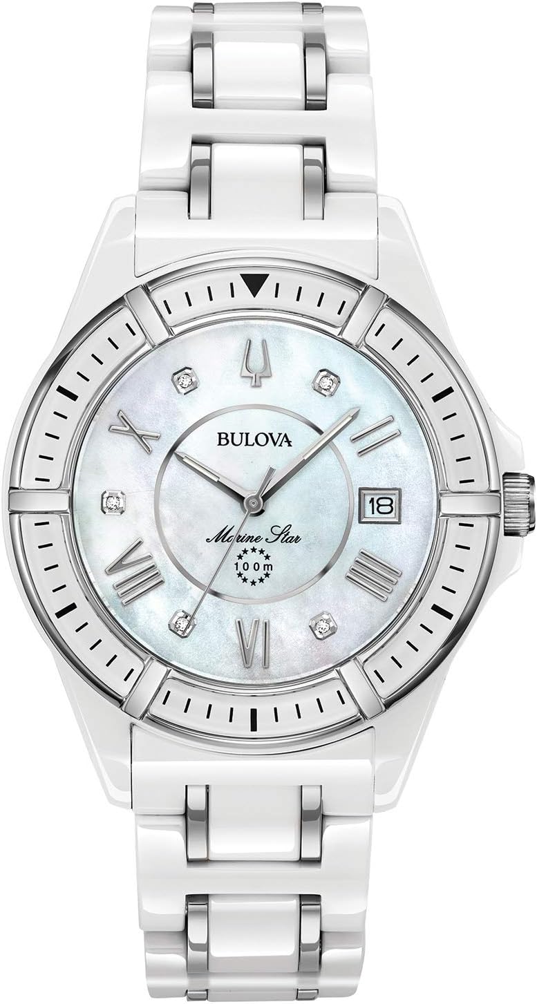 Bulova Ladies’ Marine Star ‘Series L’ 3-Hand Day Date Quartz Diamond Ceramic Watch, Sapphire Crystal, 100M Water Resistant, Mother-of-Pearl Dial, 37mm Bulova Ladies’ Marine Star ‘Series L’ 3-Hand Day Date Quartz Diamond Ceramic Watch, Sapphire Crystal, 100M Water Resistant, Mother-of-Pearl Dial, 37mm