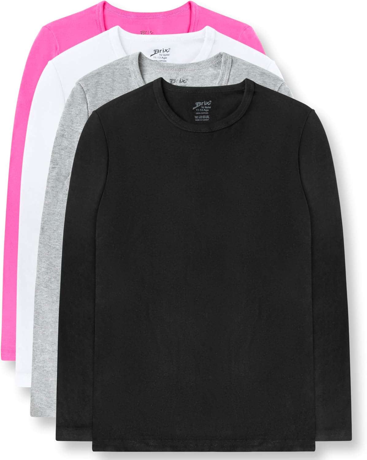 Brix Girls’ Long Sleeve Tees – 100% Cotton Tagless 4 -Pack Crew Neck Super Soft Cotton T Shirts. Brix Girls’ Long Sleeve Tees – 100% Cotton Tagless 4 -Pack Crew Neck Super Soft Cotton T Shirts.