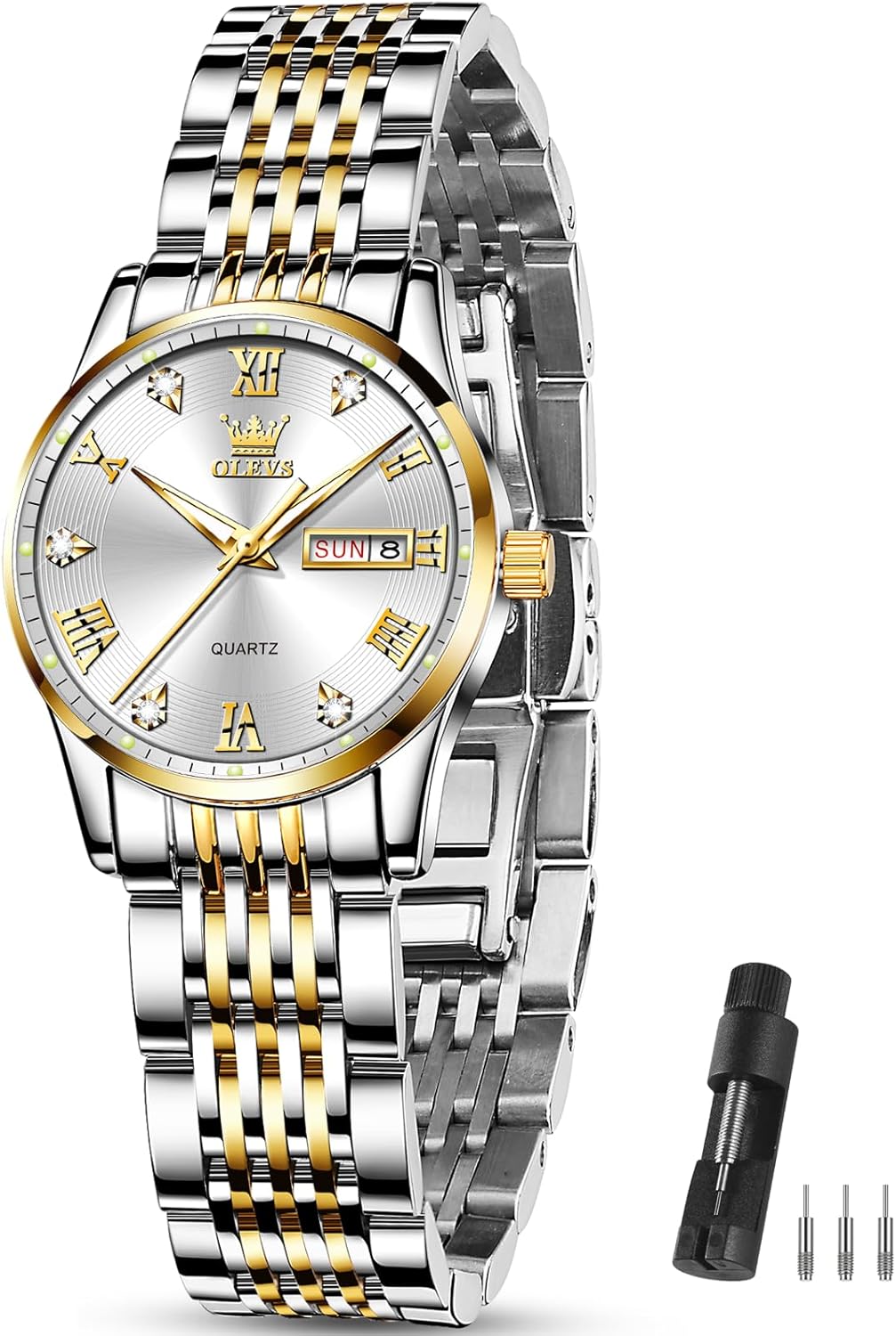 OLEVS Women Watches Date and Day,Ladies Watches with Silver Gold Stainless Steel,Elegent Female for Small Wrist Watch(White/Black/Blue/Gold Face) OLEVS Women Watches Date and Day,Ladies Watches with Silver Gold Stainless Steel,Elegent Female for Small Wrist Watch(White/Black/Blue/Gold Face)