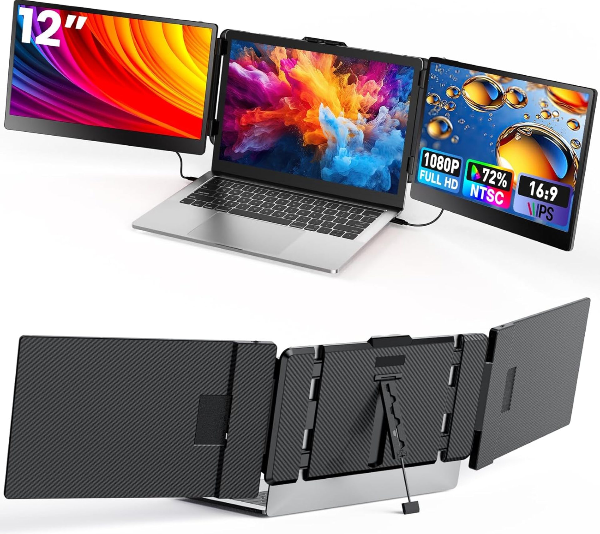 12” Triple Screen Extender – Ultra Slim 1080P FHD IPS Portable Monitor With Stand for Laptop, Compatible With Mac Windows Linux Switch PS4/5 12” Triple Screen Extender – Ultra Slim 1080P FHD IPS Portable Monitor With Stand for Laptop, Compatible With Mac Windows Linux Switch PS4/5