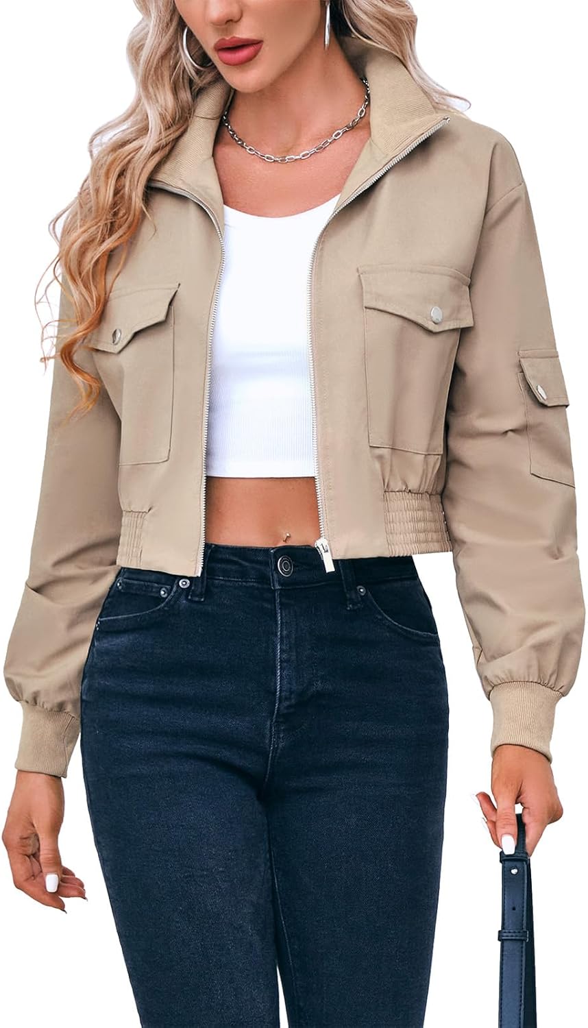 Fisoew Women’s Cropped Bomber Jackets Lightweight Zip Up Stand Collar Long Sleeve Short Jacket with Pockets Fisoew Women’s Cropped Bomber Jackets Lightweight Zip Up Stand Collar Long Sleeve Short Jacket with Pockets