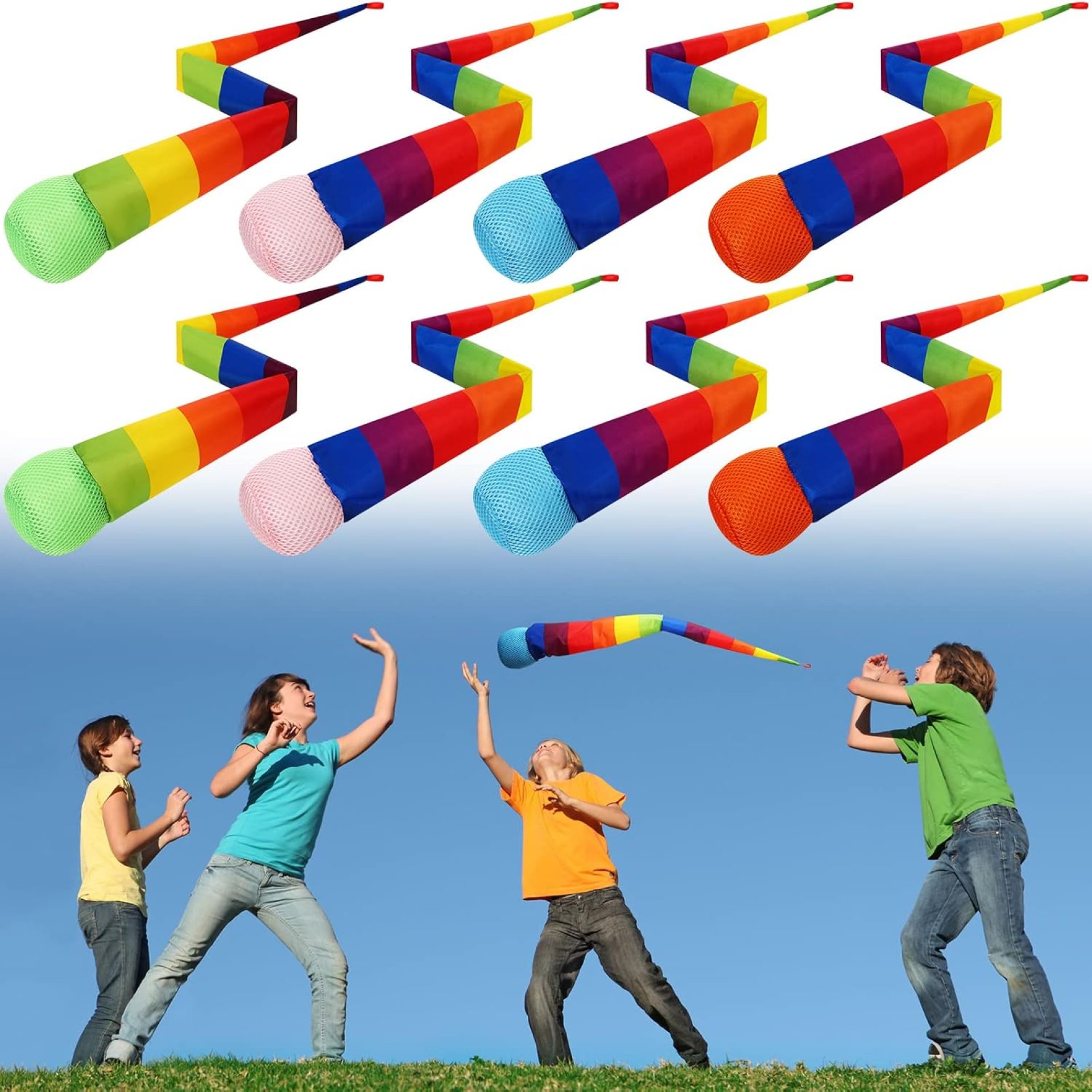 Leyndo 8 Pcs Throw and Catch Balls with Rainbow Tail, Fun Colorful Sports Comet Balls Playground Toys for School Camping Outdoor Activities Healthy and Fun Games, 26 Inch Long Leyndo 8 Pcs Throw and Catch Balls with Rainbow Tail, Fun Colorful Sports Comet Balls Playground Toys for School Camping Outdoor Activities Healthy and Fun Games, 26 Inch Long