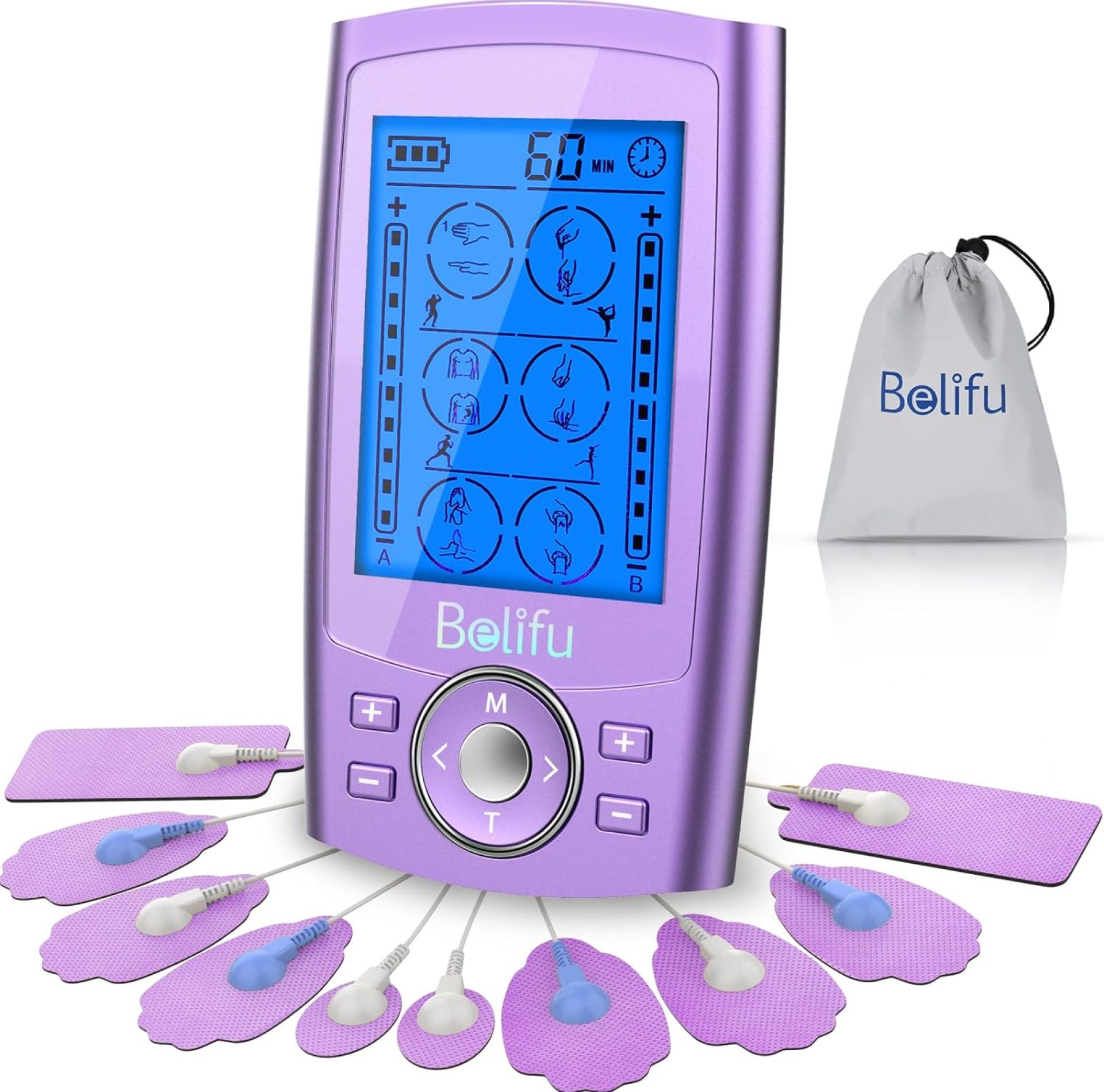 Belfiu TENS & PMS 24 Modes Muscle Stimulator for Pain Relief Therapy, Electronic Pulse Massager Muscle Massager with 10 Pads, Dust-Proof Drawstring Storage Bag, Fastening Cable Ties Belfiu TENS & PMS 24 Modes Muscle Stimulator for Pain Relief Therapy, Electronic Pulse Massager Muscle Massager with 10 Pads, Dust-Proof Drawstring Storage Bag, Fastening Cable Ties