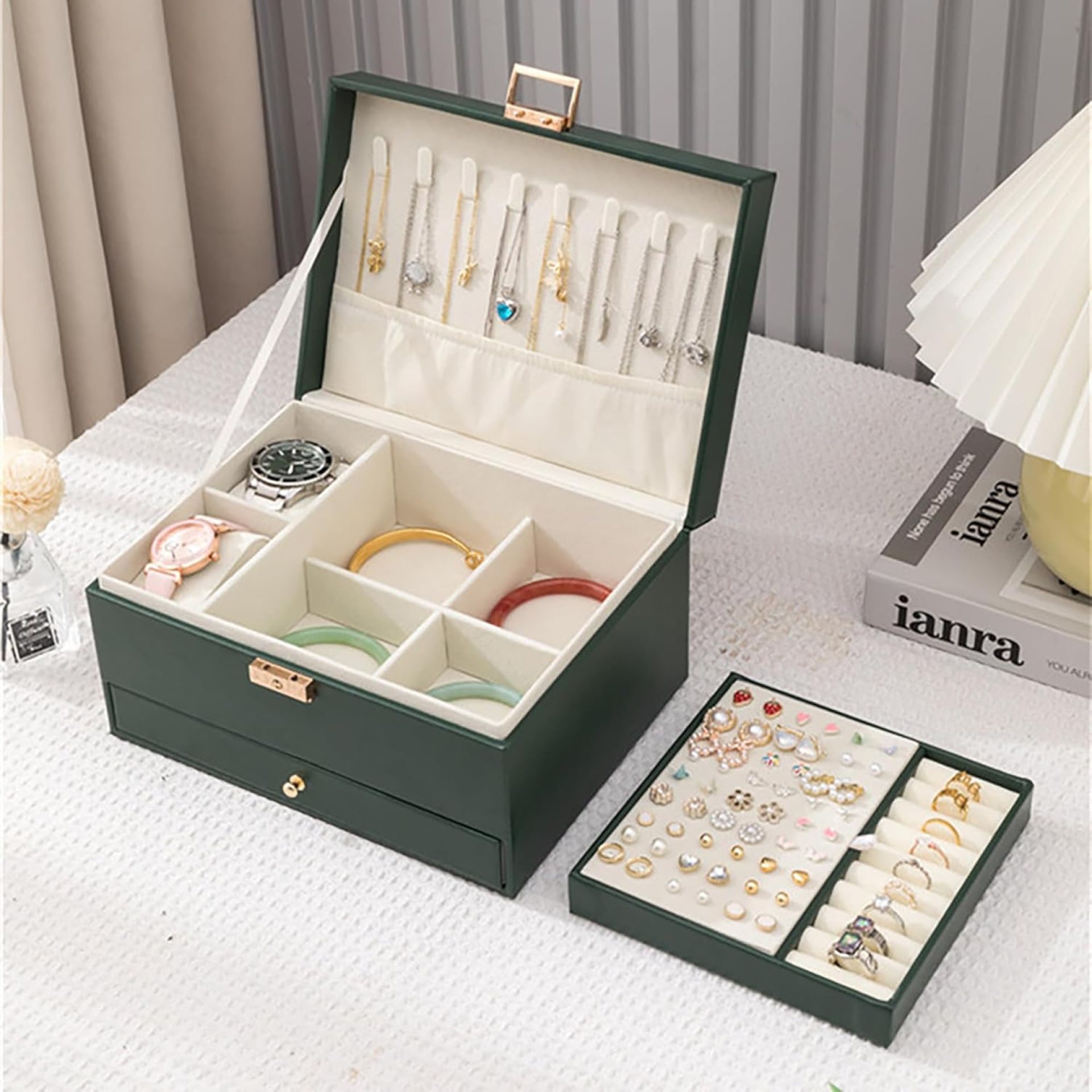 Jewelry Organizer Box, Jewelry Box Organizers for Women Girls, 3 Layers Large Leather Necklace Storage Case for Earring, Rings, Necklaces, Bracelets, Big and Small Jewellery, Watch, Gift (DeepGreen) Jewelry Organizer Box, Jewelry Box Organizers for Women Girls, 3 Layers Large Leather Necklace Storage Case for Earring, Rings, Necklaces, Bracelets, Big and Small Jewellery, Watch, Gift (DeepGreen)