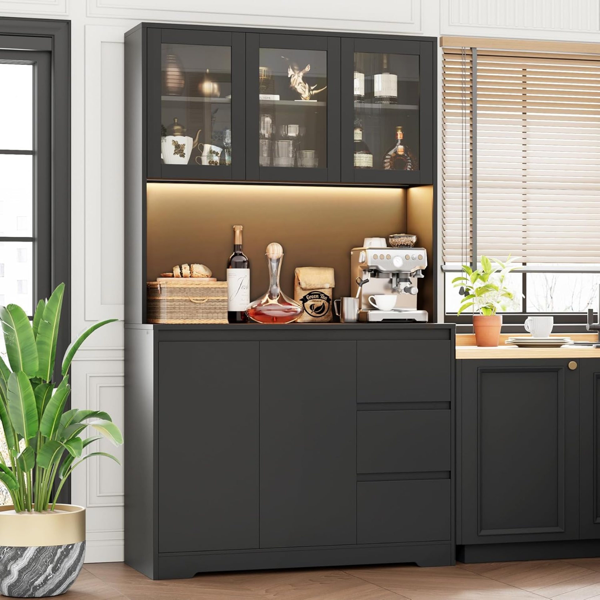 FINETONES 71″ Kitchen Pantry Cabinet with LED Lights and Charging Station, Modern Kitchen Cabinet Hutch Cabinet with Storage and Microwave Stand, Pantry Cabinet Buffet Cabinet with Countertop, Black FINETONES 71″ Kitchen Pantry Cabinet with LED Lights and Charging Station, Modern Kitchen Cabinet Hutch Cabinet with Storage and Microwave Stand, Pantry Cabinet Buffet Cabinet with Countertop, Black