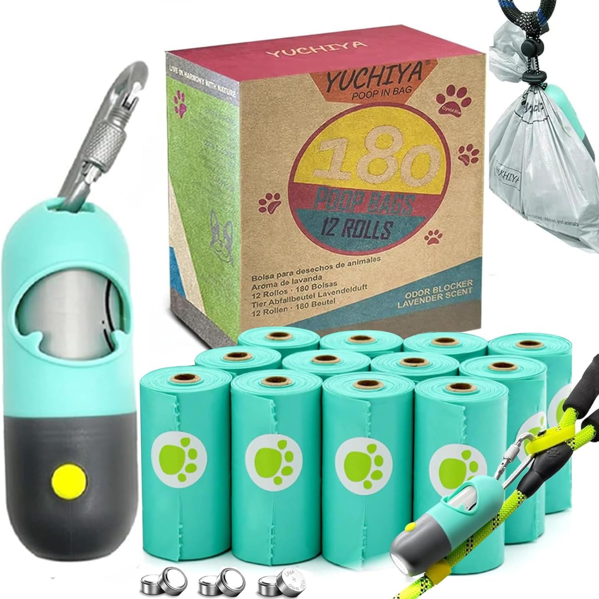 Dog Poop Bags Holder with LED Flashlight|Pet Waste Bags Dispenser for Leash|Doggie Potty Bags Container with Leak-proof Pet Trash Bags and Accessories (1 Holder 195 Bags, Mint Green) Dog Poop Bags Holder with LED Flashlight|Pet Waste Bags Dispenser for Leash|Doggie Potty Bags Container with Leak-proof Pet Trash Bags and Accessories (1 Holder 195 Bags, Mint Green)