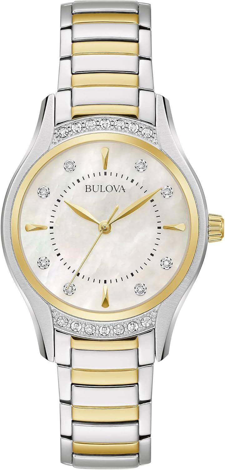 Bulova Ladies’ Classic Diamond 3-Hand Quartz Stainless Steel Watch, 16 Diamonds, Mother-of-Pearl Dial, Curved Mineral Crystal Bulova Ladies’ Classic Diamond 3-Hand Quartz Stainless Steel Watch, 16 Diamonds, Mother-of-Pearl Dial, Curved Mineral Crystal