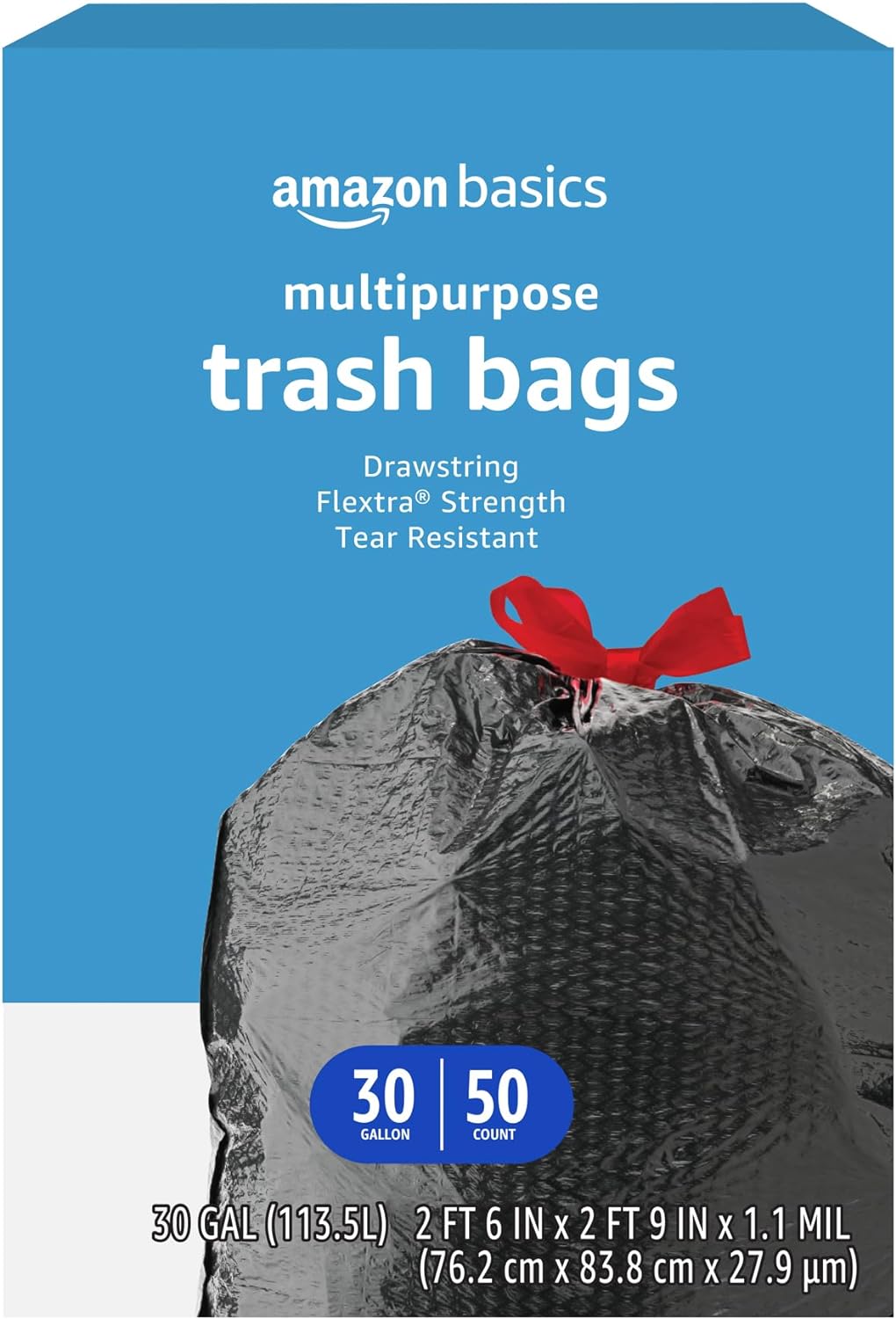 Amazon Basics Flextra Multipurpose Drawstring Trash Bags, 30 Gallon, 50 Count Amazon Basics Flextra Multipurpose Drawstring Trash Bags, 30 Gallon, 50 Count