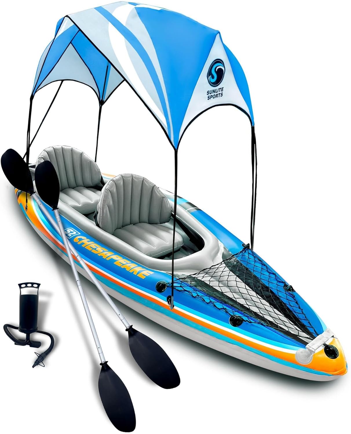 Sunlite Sports 2-Person Inflatable Kayak with Aluminum Oars (136″ x 33″), High Output Air Pump and Storage Bag, Double Tandem Kayak for Adults, Two Person Canoe and Kayak, Good for Lakes and Rivers Sunlite Sports 2-Person Inflatable Kayak with Aluminum Oars (136″ x 33″), High Output Air Pump and Storage Bag, Double Tandem Kayak for Adults, Two Person Canoe and Kayak, Good for Lakes and Rivers
