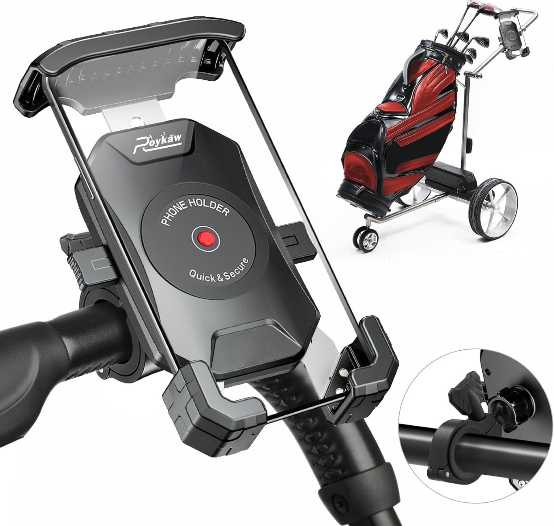 Roykaw Golf Push Cart Phone Holder Mount Compatible with Caddytek,Clicgear,Sun Mountain,Rovic, Caddy, Bag Boy,Golf Push Cart Accessories for Cell Phones,Full Silicone Protection/ 360°Rotatable Roykaw Golf Push Cart Phone Holder Mount Compatible with Caddytek,Clicgear,Sun Mountain,Rovic, Caddy, Bag Boy,Golf Push Cart Accessories for Cell Phones,Full Silicone Protection/ 360°Rotatable