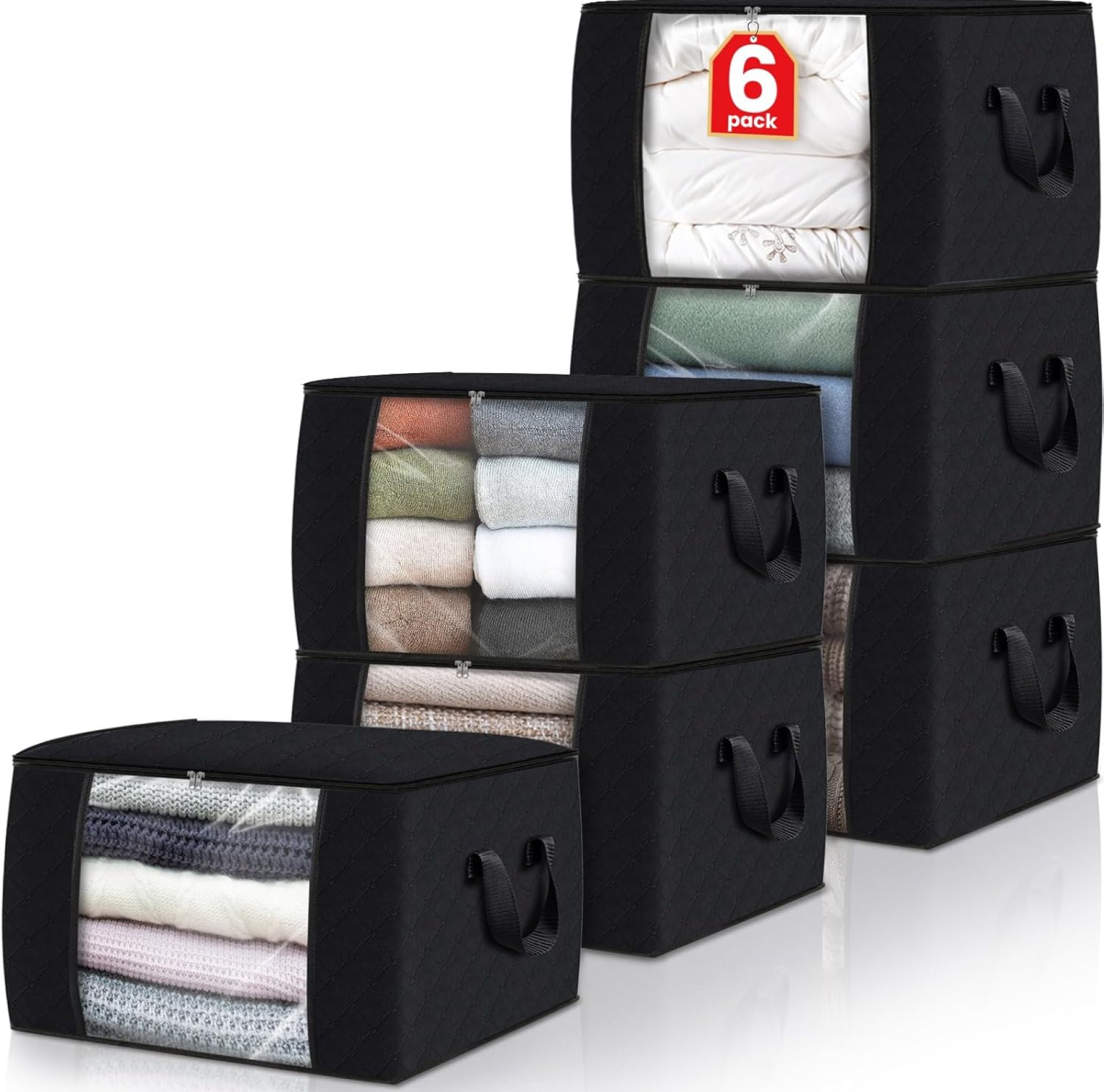 Fab totes 6 Pack Clothes Storage, Foldable Thick Fabric Blanket Storage Bags, Storage Containers for Organizing Bedroom, Closet, Clothing, Comforter, Organization and Storage with Handle,Black Fab totes 6 Pack Clothes Storage, Foldable Thick Fabric Blanket Storage Bags, Storage Containers for Organizing Bedroom, Closet, Clothing, Comforter, Organization and Storage with Handle,Black