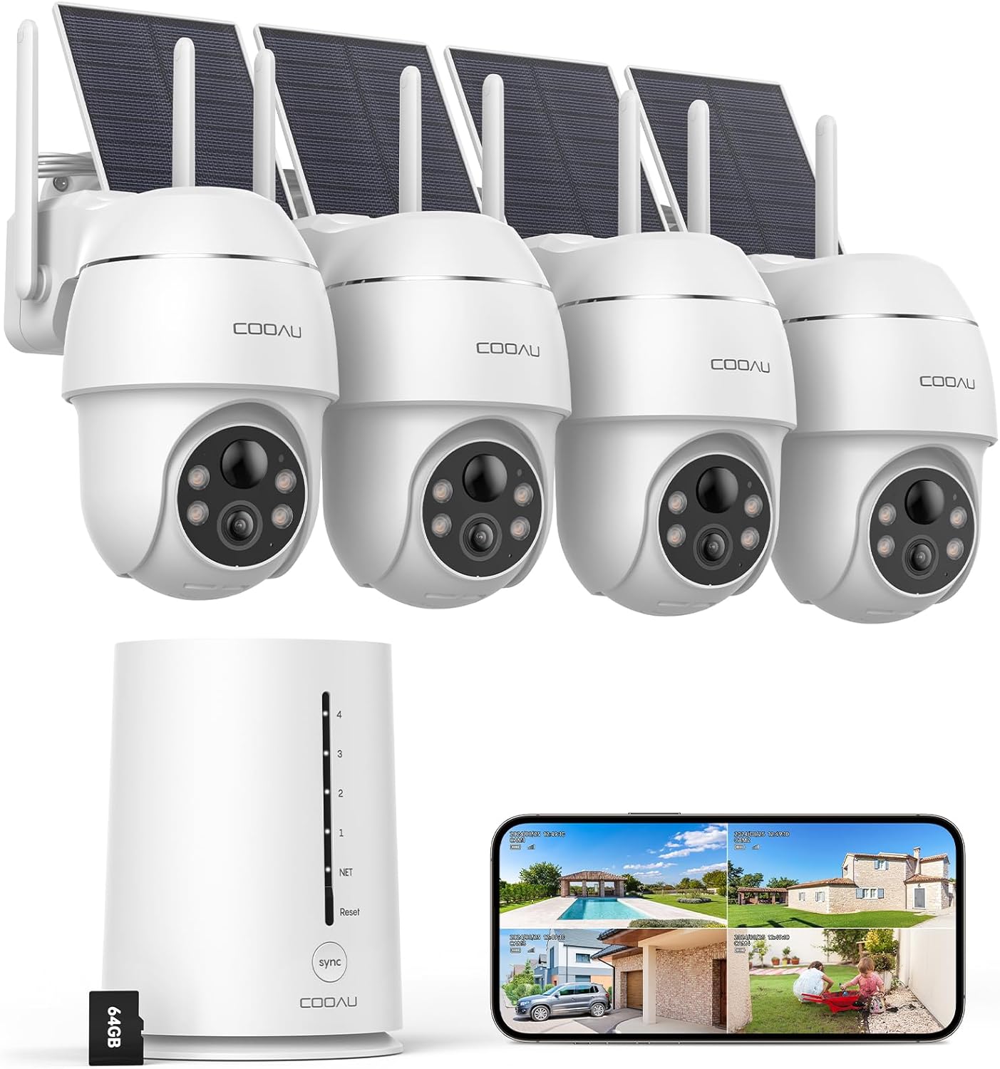 COOAU Cameras for Home Security Outdoor,4MP Solar Security Camera Wireless System,4 Cam-Kit,360° Pan & Tilt,Color Night Vision,Motion Detection,No Monthly Fee,Siren Alarm,IP66,64GB Memory Card COOAU Cameras for Home Security Outdoor,4MP Solar Security Camera Wireless System,4 Cam-Kit,360° Pan & Tilt,Color Night Vision,Motion Detection,No Monthly Fee,Siren Alarm,IP66,64GB Memory Card