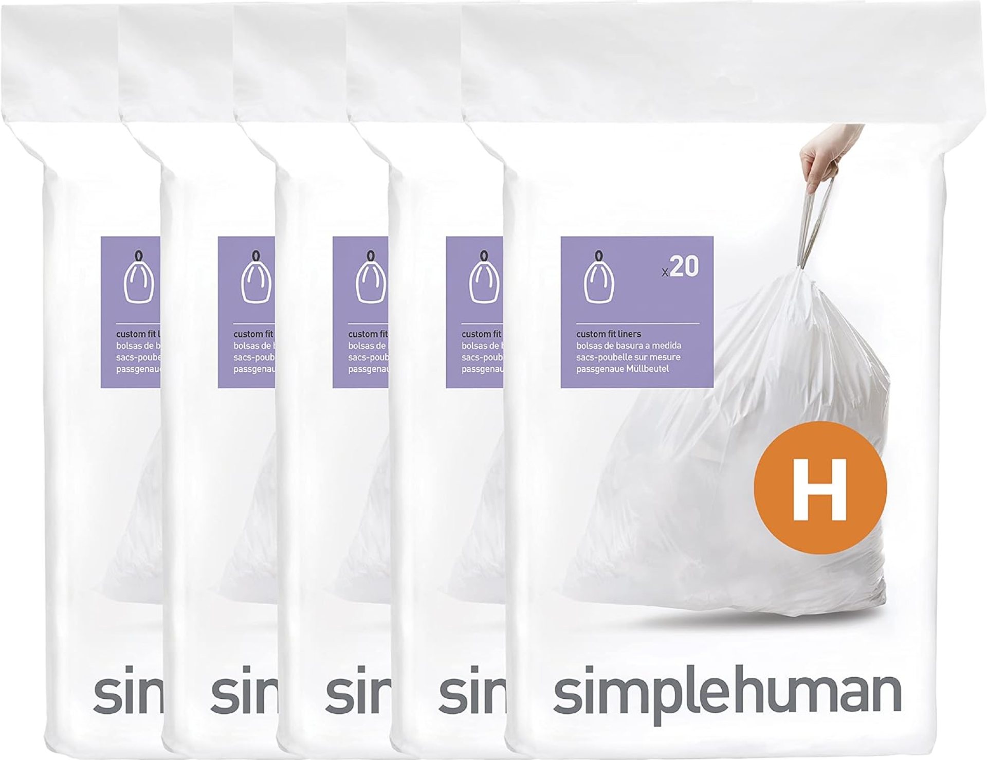 simplehuman Code H 100 Count,Genuine Custom Fit Liners, Drawstring Trash Bags in Dispenser Packs, 30-35 Liter / 8-9 Gallon, White simplehuman Code H 100 Count,Genuine Custom Fit Liners, Drawstring Trash Bags in Dispenser Packs, 30-35 Liter / 8-9 Gallon, White