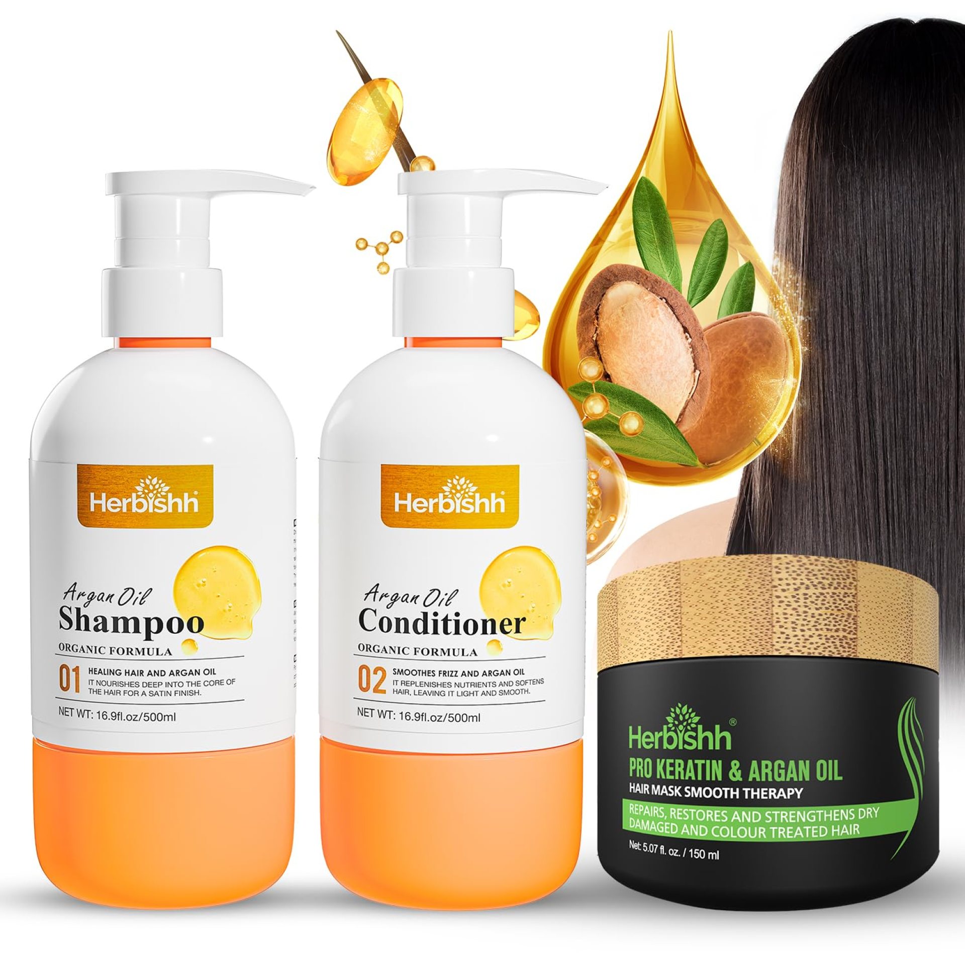 Herbishh Argan Hair Mask (150ml) + Argan Oil Shampoo & Conditioner (16.9 fl.oz Each) Hair Care Set – Deep Cleansing & Hydration, Ideal for Repairing Dry, Frizzy & Colored Hair – Sulfate & Paraben Free Herbishh Argan Hair Mask (150ml) + Argan Oil Shampoo & Conditioner (16.9 fl.oz Each) Hair Care Set – Deep Cleansing & Hydration, Ideal for Repairing Dry, Frizzy & Colored Hair – Sulfate & Paraben Free