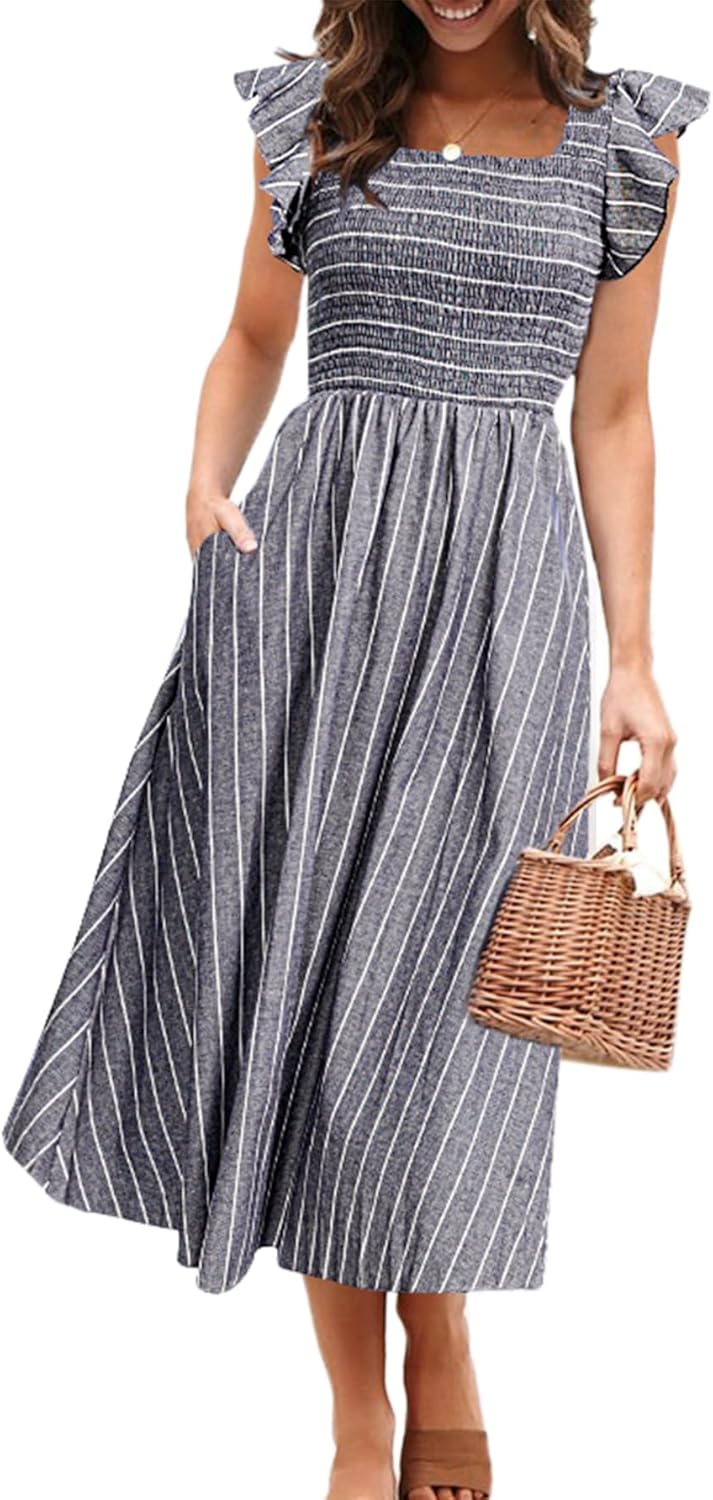 Miessial Womens Casual Summer Midi Dress Short Sleeve Smocked Linen Dresses 2025 Boho Beach Wedding Guest Dress with Pockets Miessial Womens Casual Summer Midi Dress Short Sleeve Smocked Linen Dresses 2025 Boho Beach Wedding Guest Dress with Pockets