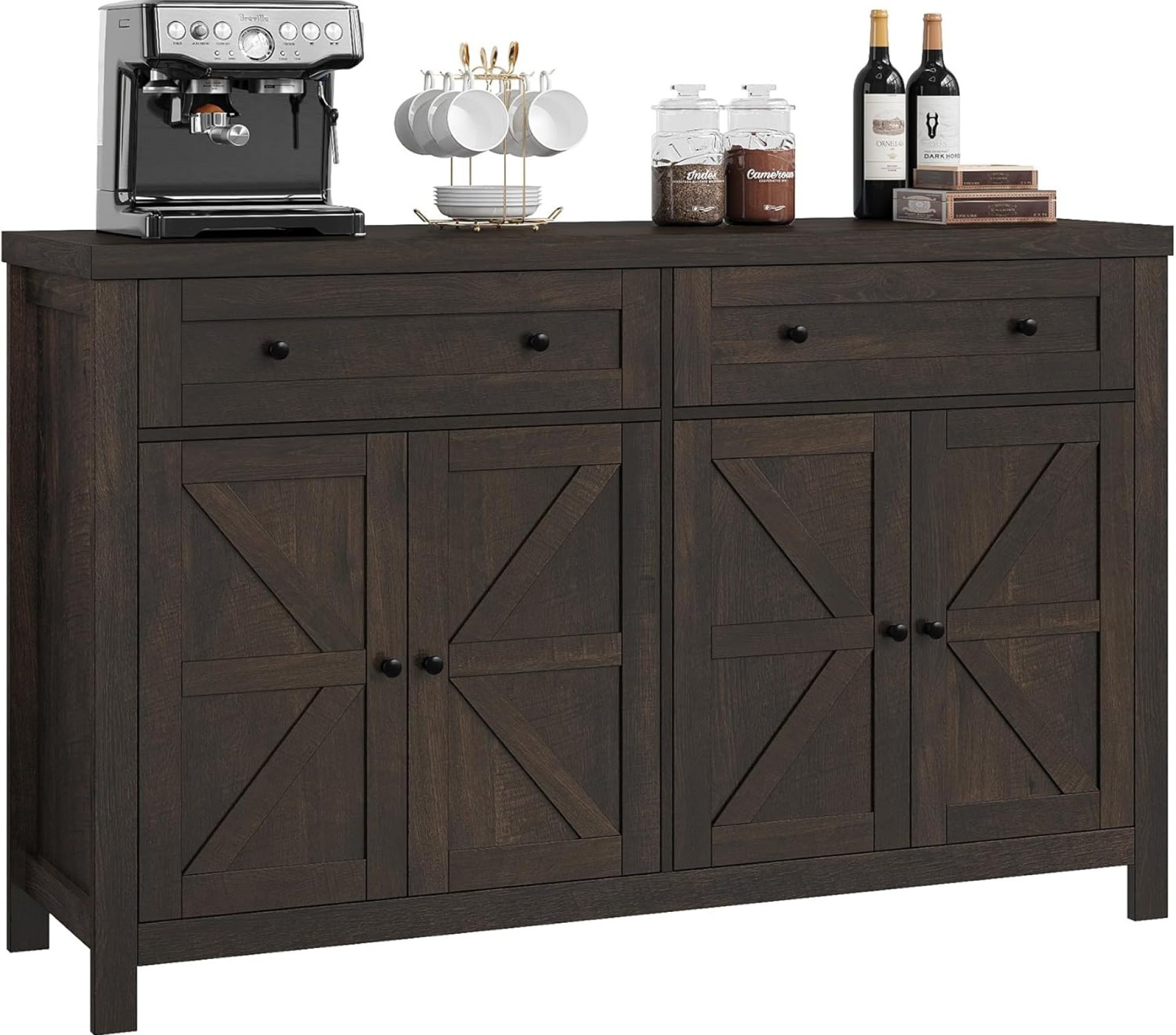 HOSTACK 55″ Buffet Sideboard Cabinet with Storage, Modern Farmhouse Coffee Bar Cabinet with Drawers and Shelves, Barn Doors Storage Cabinet for Kitchen, Living Room, Dark Brown HOSTACK 55″ Buffet Sideboard Cabinet with Storage, Modern Farmhouse Coffee Bar Cabinet with Drawers and Shelves, Barn Doors Storage Cabinet for Kitchen, Living Room, Dark Brown