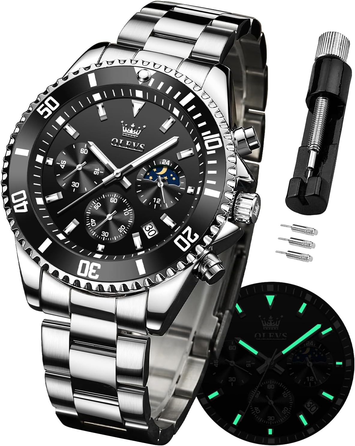 OLEVS Watches for Men Stainless Steel Analog Quartz Chronograph Moon Phase Watch Waterproof Date Luminous Wrist Male Watches,Gift for Men OLEVS Watches for Men Stainless Steel Analog Quartz Chronograph Moon Phase Watch Waterproof Date Luminous Wrist Male Watches,Gift for Men