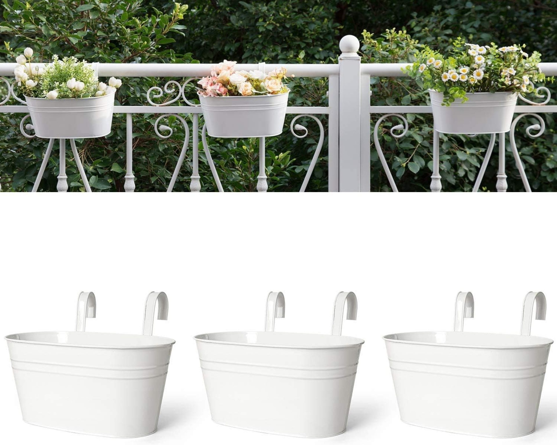 Dahey Metal Iron Hanging Flower Pots for Railing Fence Hanging Bucket Pots Countryside Style Window Flower Plant Holder with Detachable Hooks Home Decor,White,3 Pcs Dahey Metal Iron Hanging Flower Pots for Railing Fence Hanging Bucket Pots Countryside Style Window Flower Plant Holder with Detachable Hooks Home Decor,White,3 Pcs
