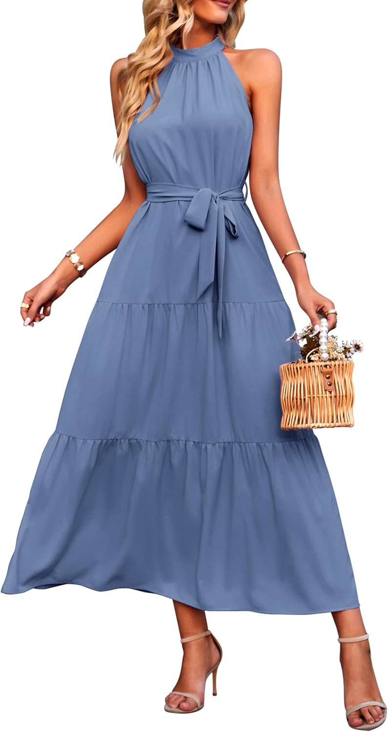 PRETTYGARDEN Women’s Summer Floral Maxi Sun Dress Sleeveless Halter Neck Flowy Ruffle Hem Long Boho Dresses with Belt PRETTYGARDEN Women’s Summer Floral Maxi Sun Dress Sleeveless Halter Neck Flowy Ruffle Hem Long Boho Dresses with Belt