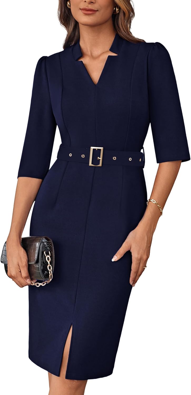 GRACE KARIN Women’s Work Dress 3/4 Sleeve V Neck Bodycon Sheath Dress Zipper Up Office Business Dresses with Belt GRACE KARIN Women’s Work Dress 3/4 Sleeve V Neck Bodycon Sheath Dress Zipper Up Office Business Dresses with Belt