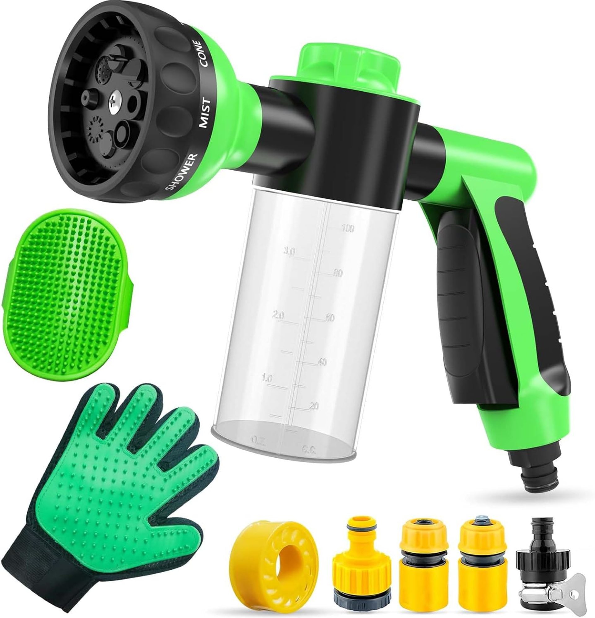 Dog Shower Attachment Kit, 8Pcs Dog Washing Hose Attachment with Pet Grooming Glove and Rubber Comb Brush, Soap & Shampoo Dispenser for Pet Wash and Garden Hose Sprayer Nozzle Dog Shower Attachment Kit, 8Pcs Dog Washing Hose Attachment with Pet Grooming Glove and Rubber Comb Brush, Soap & Shampoo Dispenser for Pet Wash and Garden Hose Sprayer Nozzle