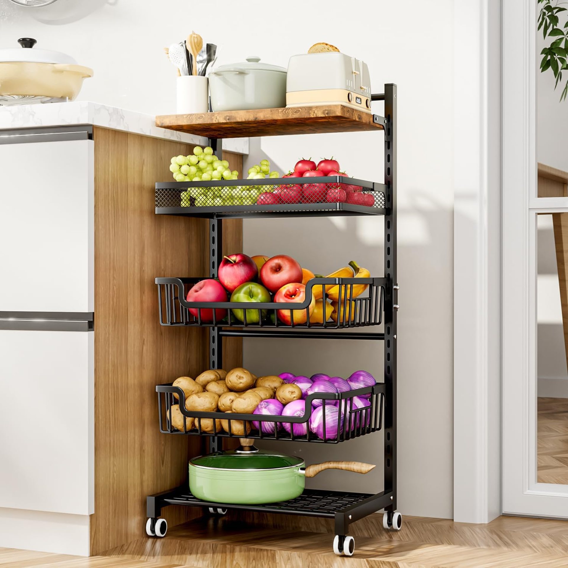 HapiRm Fruit Basket Kitchen Cart – 5 Tier Adjustable Vegetable Storage Rack, Large Capacity Rolling Kitchen Carts on Wheels for Snack Onion and Potato Storage HapiRm Fruit Basket Kitchen Cart – 5 Tier Adjustable Vegetable Storage Rack, Large Capacity Rolling Kitchen Carts on Wheels for Snack Onion and Potato Storage