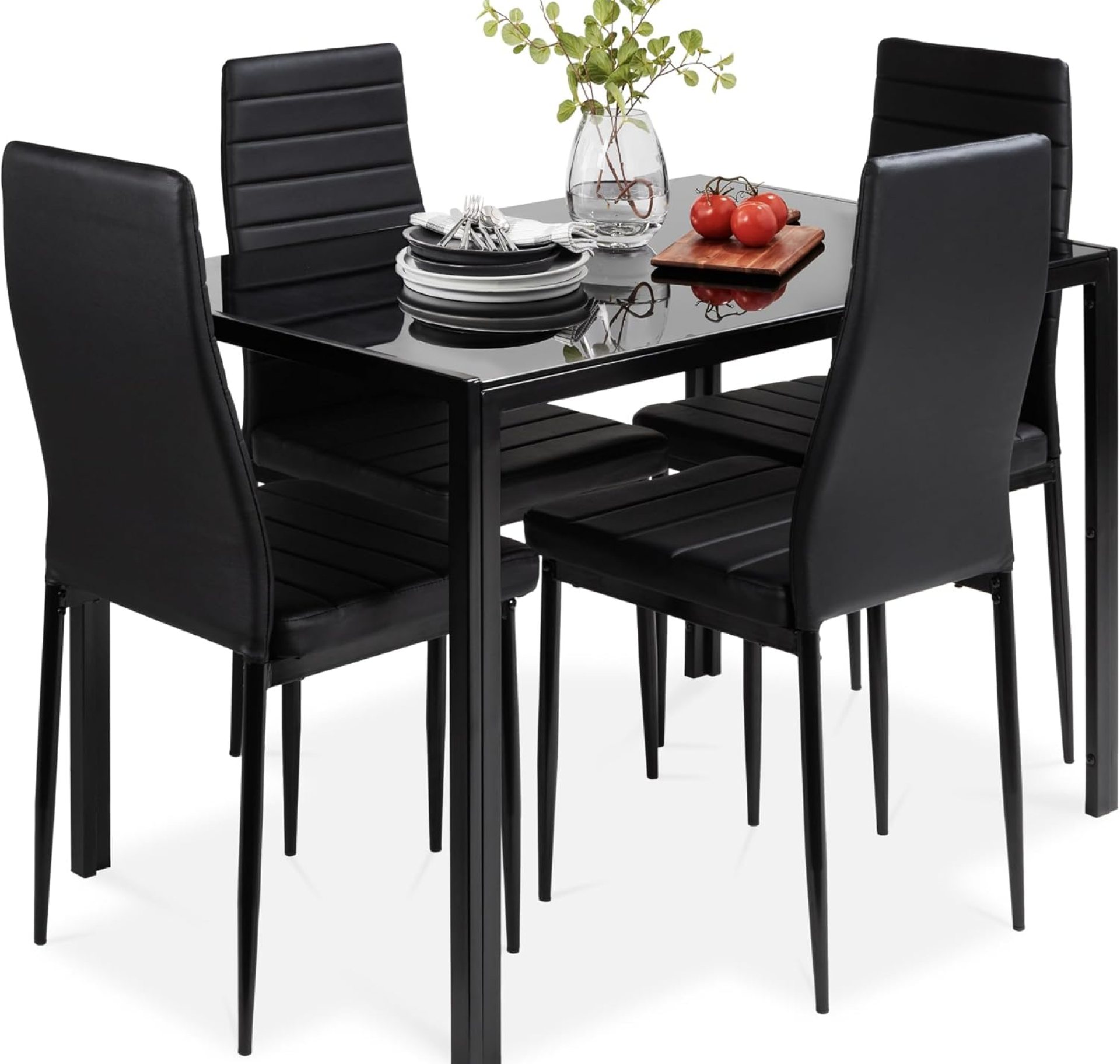 Best Choice Products 5-Piece Glass Dining Set, Modern Kitchen Table Furniture for Dining Room, Dinette, Compact Space-Saving w/Glass Tabletop, 4 Upholstered PU Chairs, Metal Steel Frame – Black Best Choice Products 5-Piece Glass Dining Set, Modern Kitchen Table Furniture for Dining Room, Dinette, Compact Space-Saving w/Glass Tabletop, 4 Upholstered PU Chairs, Metal Steel Frame – Black