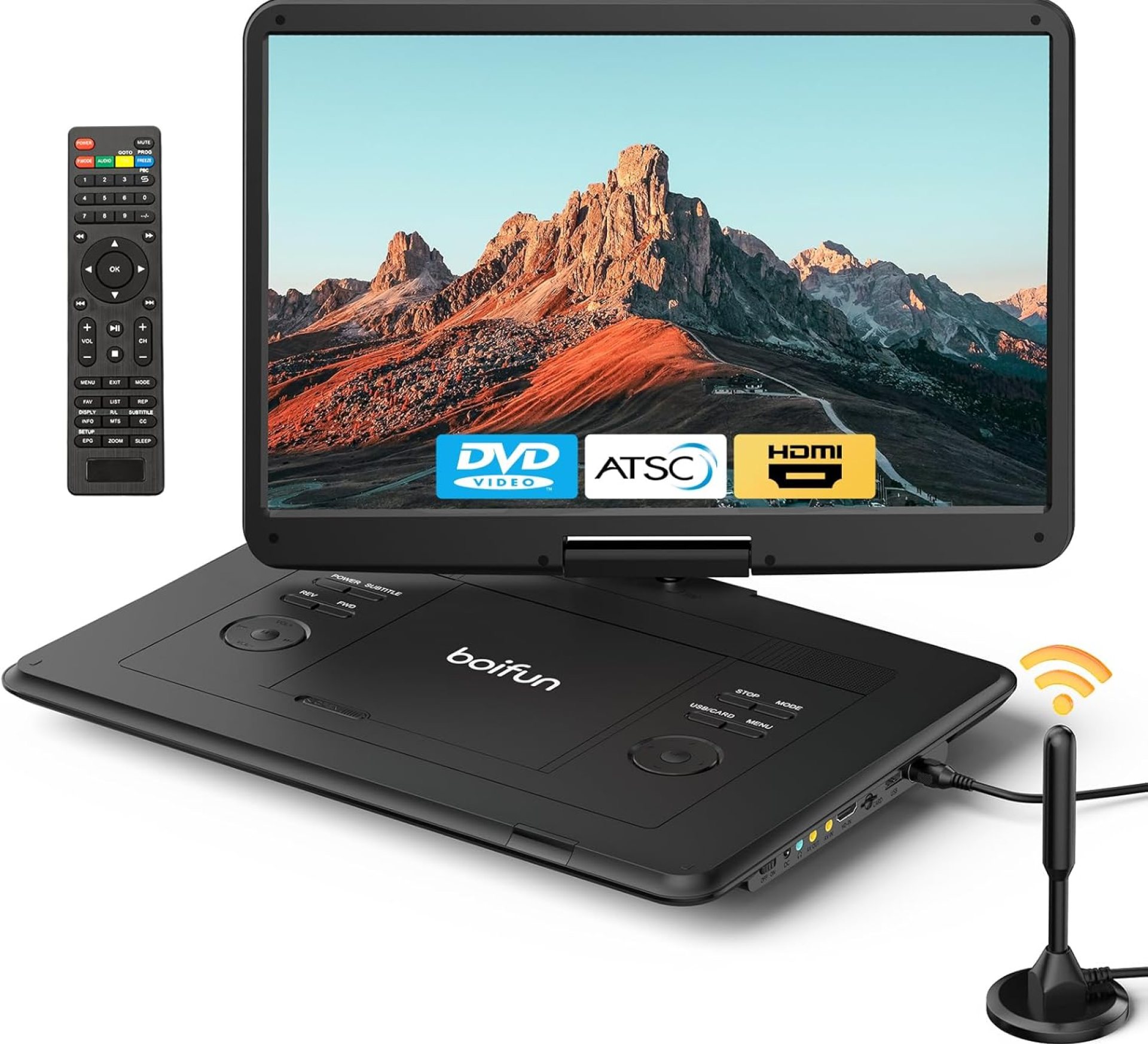 BOIFUN 17.5″ Portable TV/DVD Player Combo with 15.6″ Large HD Swivel Screen, Digital TV ATSC Tuner, Built-in Battery, Support HDMI in/USB/Micro SD/AV Out and Multiple Disc Formats, Black BOIFUN 17.5″ Portable TV/DVD Player Combo with 15.6″ Large HD Swivel Screen, Digital TV ATSC Tuner, Built-in Battery, Support HDMI in/USB/Micro SD/AV Out and Multiple Disc Formats, Black