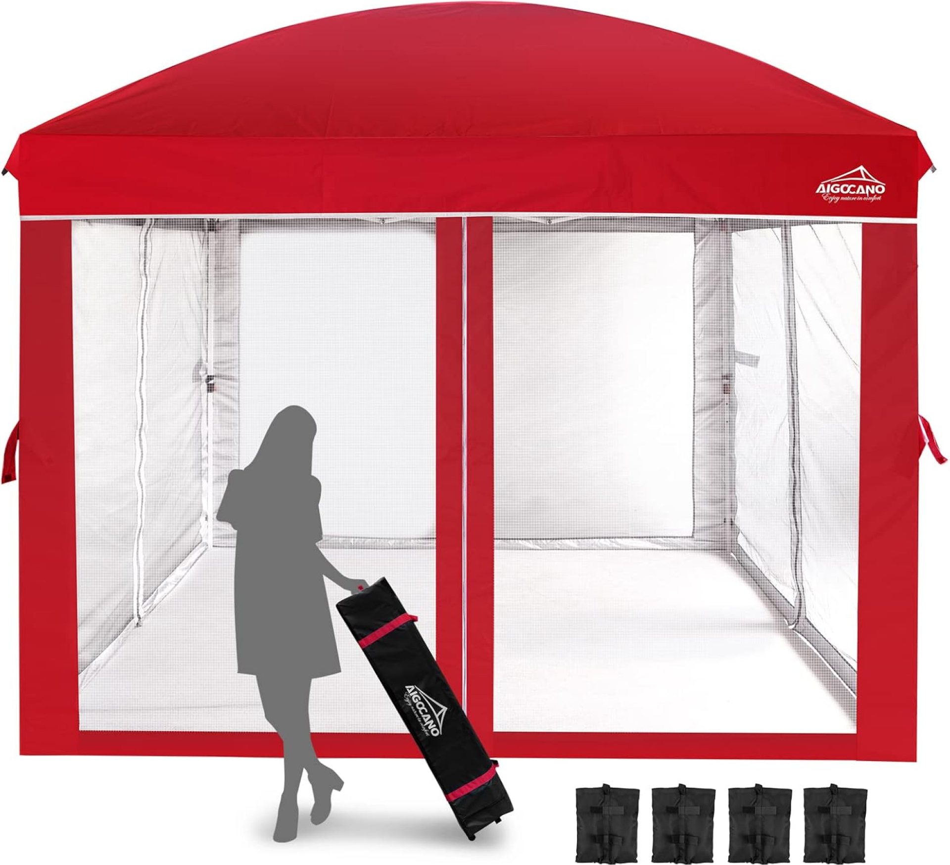 Canopy Tent with Netting Screen,10×10 Easy Pop Up Gazebo for Outdoor Parties,Camping,Foldable Patio Gazebo with Roller Bag and 4 Sandbags (Red) Canopy Tent with Netting Screen,10×10 Easy Pop Up Gazebo for Outdoor Parties,Camping,Foldable Patio Gazebo with Roller Bag and 4 Sandbags (Red)