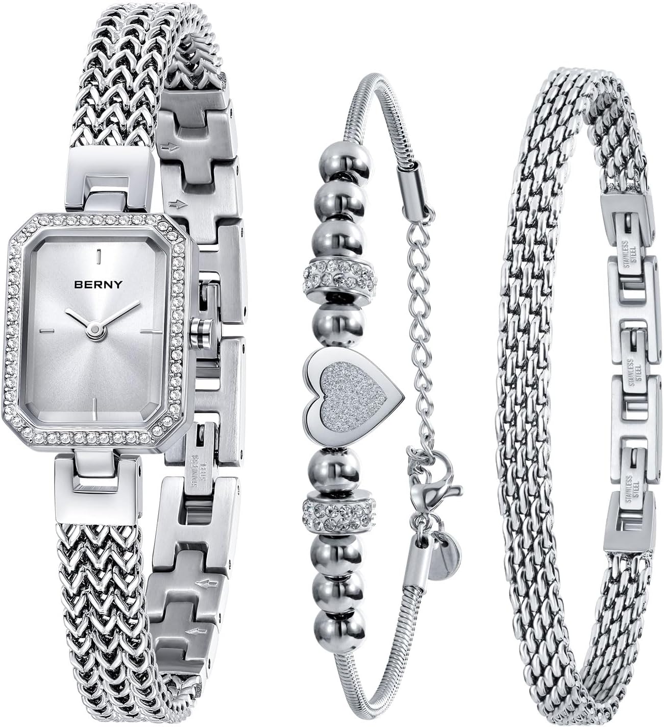 BERNY Silver Watches for Women Ladies Wrist Watch and Bracelet Set Dainty Quartz Bracelet Watch Premium Crystal Accented Fashion Luxury Birthday Present for Women BERNY Silver Watches for Women Ladies Wrist Watch and Bracelet Set Dainty Quartz Bracelet Watch Premium Crystal Accented Fashion Luxury Birthday Present for Women