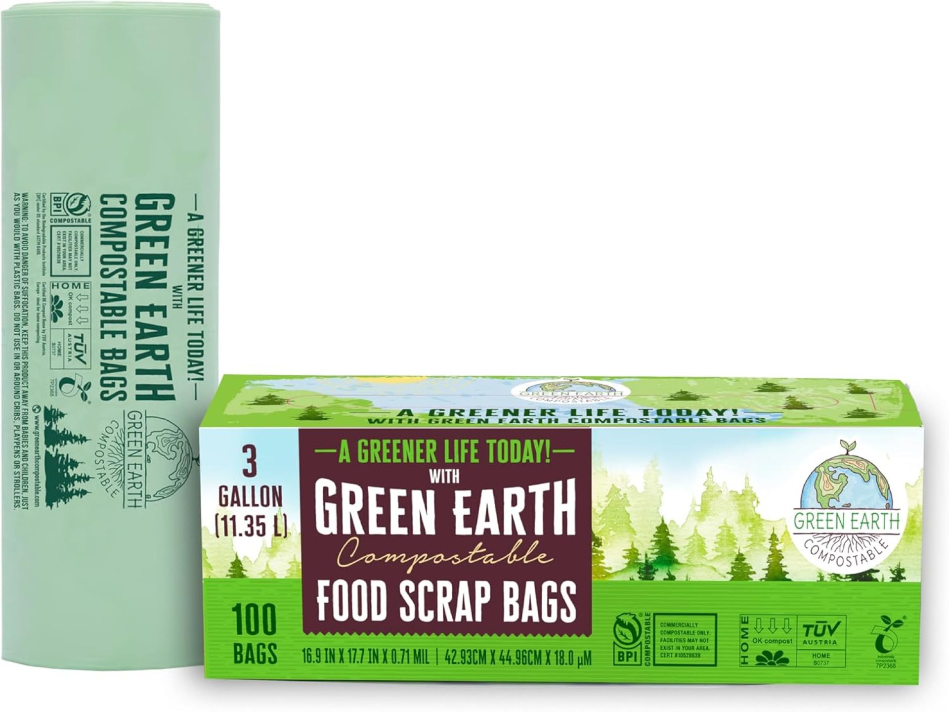 Green Earth Compostable Small Kitchen Food Scrap Waste Bags, Compost Bin Compatible, 3 Gallon,11.35 Liter, 100-Count, 0.71 Mil Thickness, ASTM D6400, US BPI and Europe OK Compost Home Certified, USA Green Earth Compostable Small Kitchen Food Scrap Waste Bags, Compost Bin Compatible, 3 Gallon,11.35 Liter, 100-Count, 0.71 Mil Thickness, ASTM D6400, US BPI and Europe OK Compost Home Certified, USA
