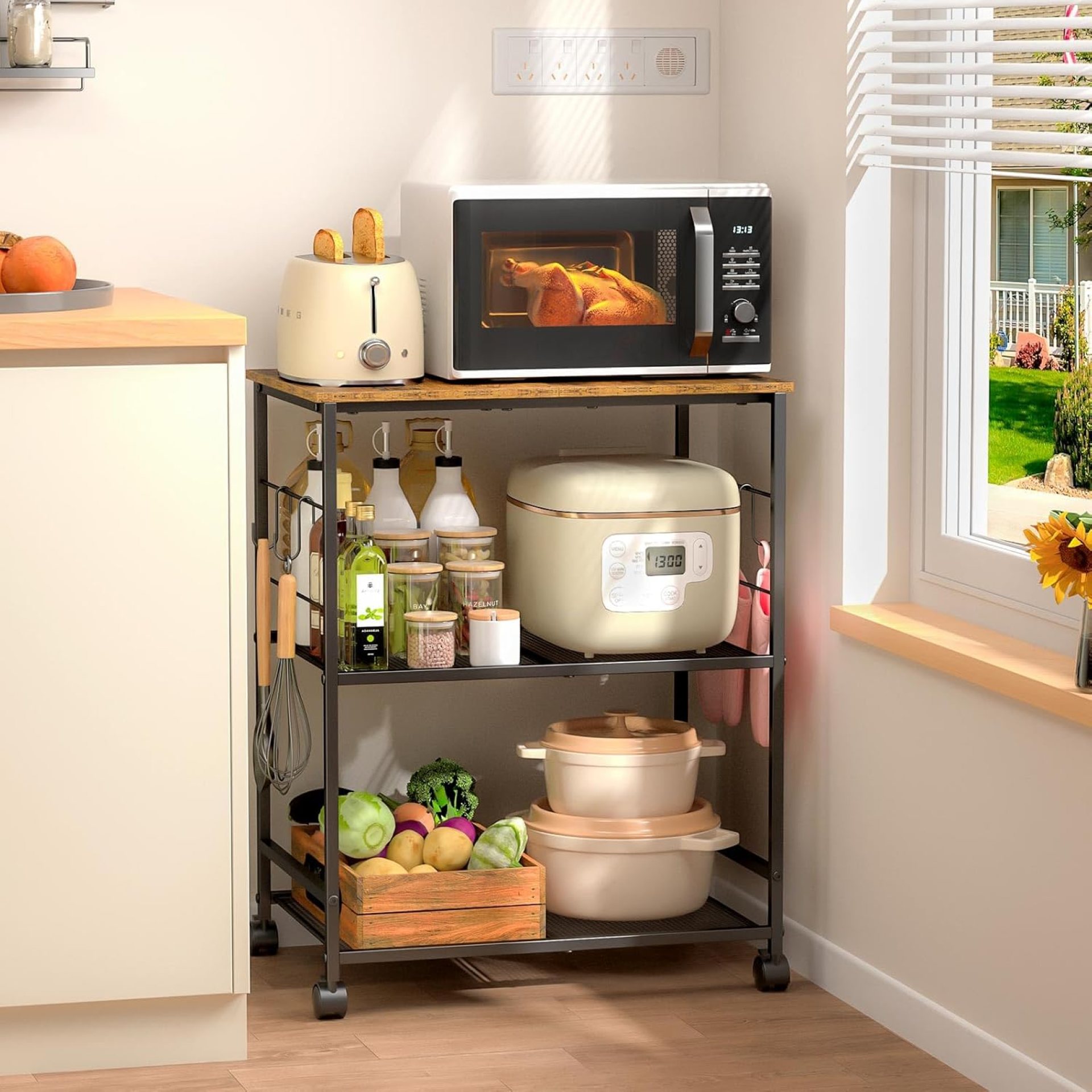Rolling Kitchen Microwave Cart, 3 Tier Microwave Table Stand with Storage, Kitchen Utility Cart on Lockable Wheels, Small Coffee Cart Shelf Rack Organizer for Living Room Office, Balcony Rolling Kitchen Microwave Cart, 3 Tier Microwave Table Stand with Storage, Kitchen Utility Cart on Lockable Wheels, Small Coffee Cart Shelf Rack Organizer for Living Room Office, Balcony