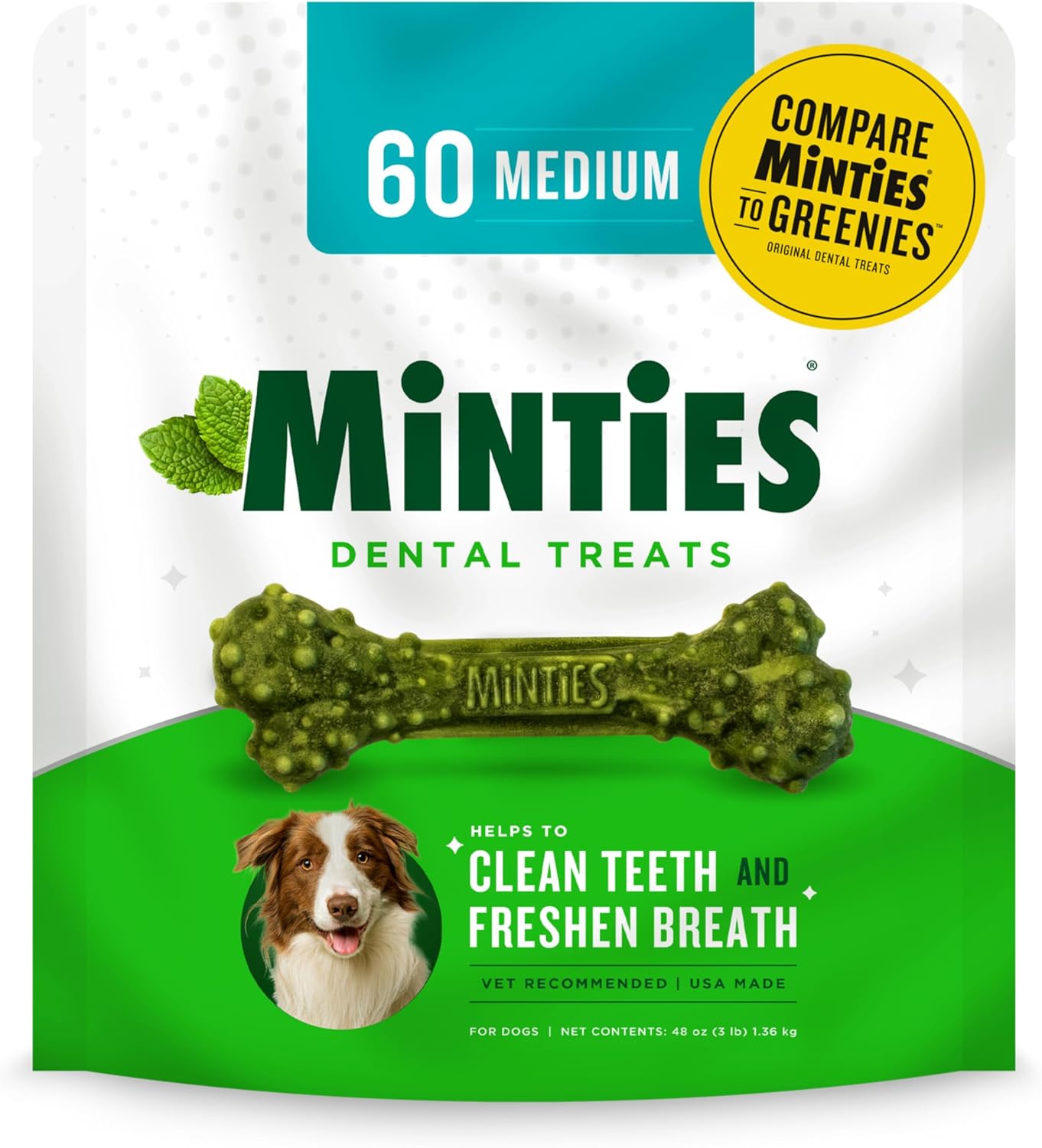 Minties Dental Chews for Dogs, 60 Count, Vet-Recommended Mint-Flavored Dental Treats for Medium Dogs 25-50 lbs, Dental Bones Clean Teeth, Fight Bad Breath, and Removes Plaque and Tartar Minties Dental Chews for Dogs, 60 Count, Vet-Recommended Mint-Flavored Dental Treats for Medium Dogs 25-50 lbs, Dental Bones Clean Teeth, Fight Bad Breath, and Removes Plaque and Tartar