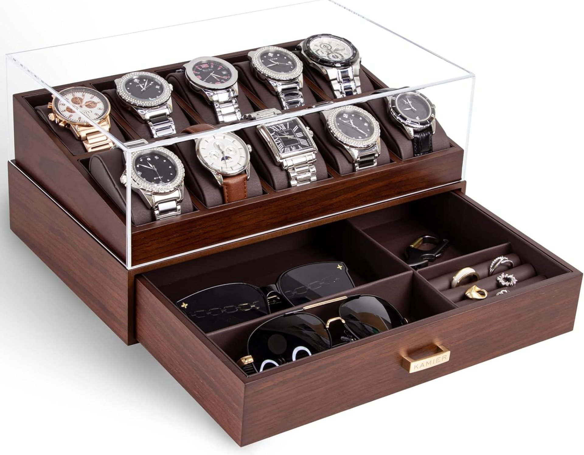 KAMIER Watch Box for Men, 10 Slots Mens Watch Case with Glass Lid, Watch Display Case With Drawer, 2-Layer Watch Holder Organizer, Jewelry and Watch Storage for Men Women, Walnut KAMIER Watch Box for Men, 10 Slots Mens Watch Case with Glass Lid, Watch Display Case With Drawer, 2-Layer Watch Holder Organizer, Jewelry and Watch Storage for Men Women, Walnut