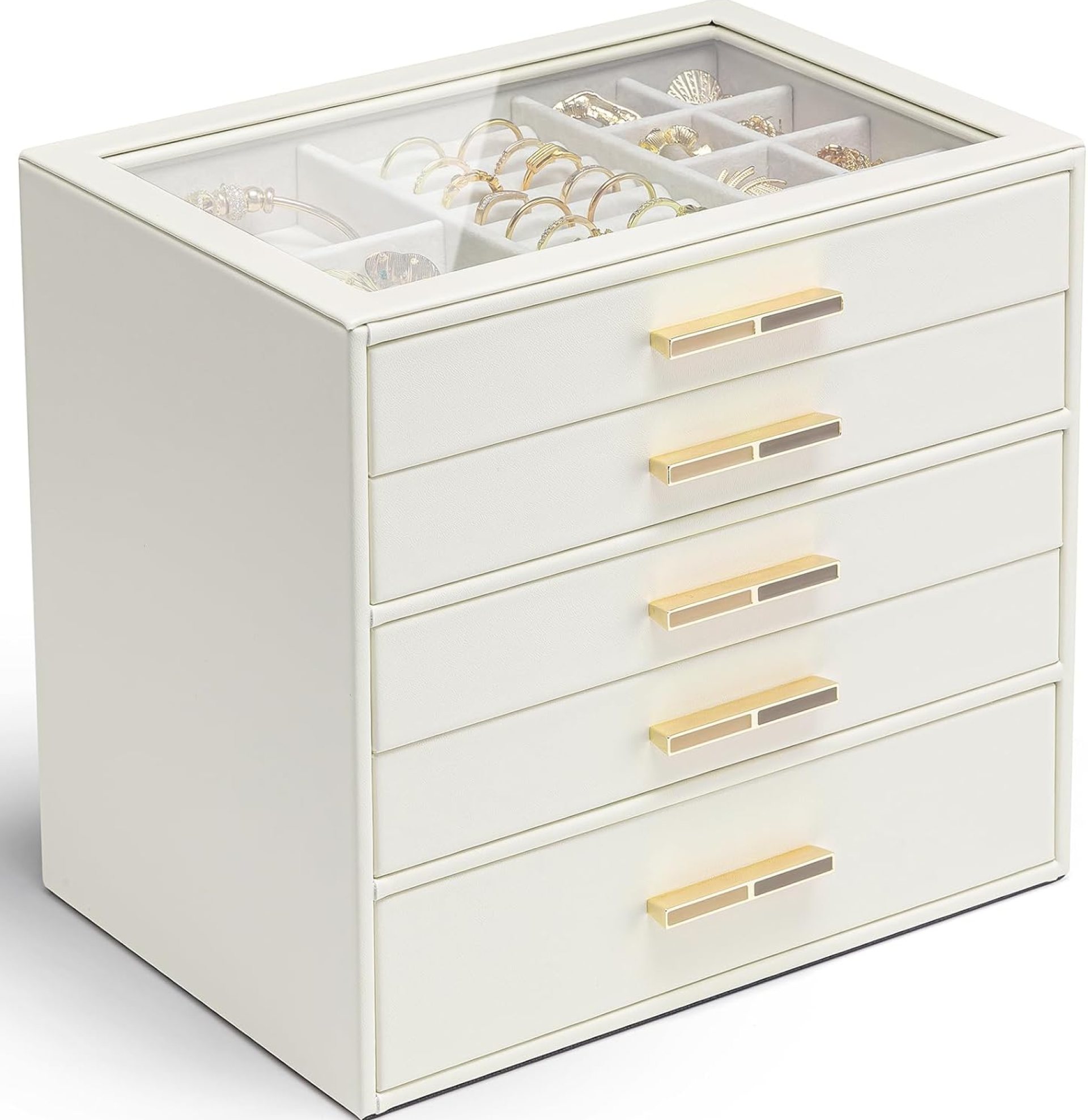 Vlando 5 Layer Jewelry Box for Women, Glass Lid Jewelry Organizer with 5 Drawers for Necklaces Rings Earrings Bracelets – Cloud White Vlando 5 Layer Jewelry Box for Women, Glass Lid Jewelry Organizer with 5 Drawers for Necklaces Rings Earrings Bracelets – Cloud White