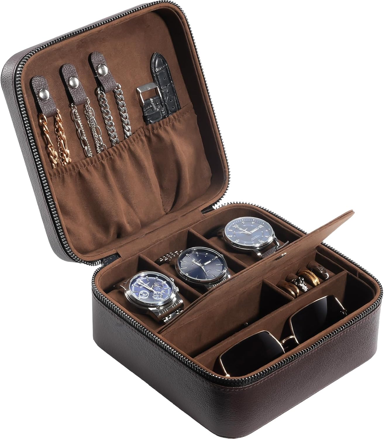 ProCase Travel Watch Case, 3 Slots PU Leather Mens Jewelry Box, Portable Watches Cufflinks Accessories Storage Case, Zippered Carrying Organizer Bag for Man -Brown ProCase Travel Watch Case, 3 Slots PU Leather Mens Jewelry Box, Portable Watches Cufflinks Accessories Storage Case, Zippered Carrying Organizer Bag for Man -Brown
