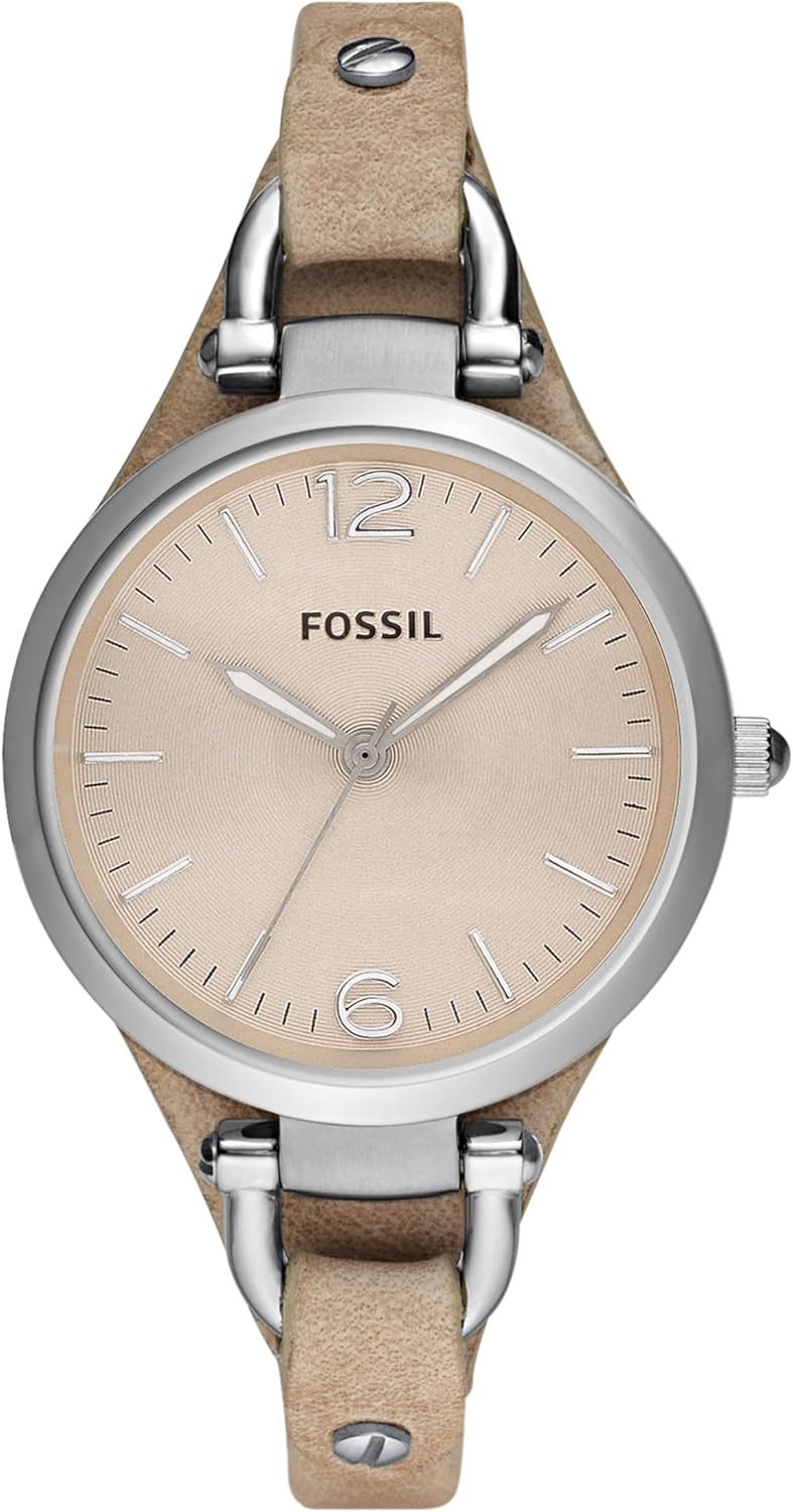 Fossil Women’s Georgia Quartz Stainless Steel and Leather Three-Hand Watch, Color: Silver, Sand (Model: ES2830) Fossil Women’s Georgia Quartz Stainless Steel and Leather Three-Hand Watch, Color: Silver, Sand (Model: ES2830)