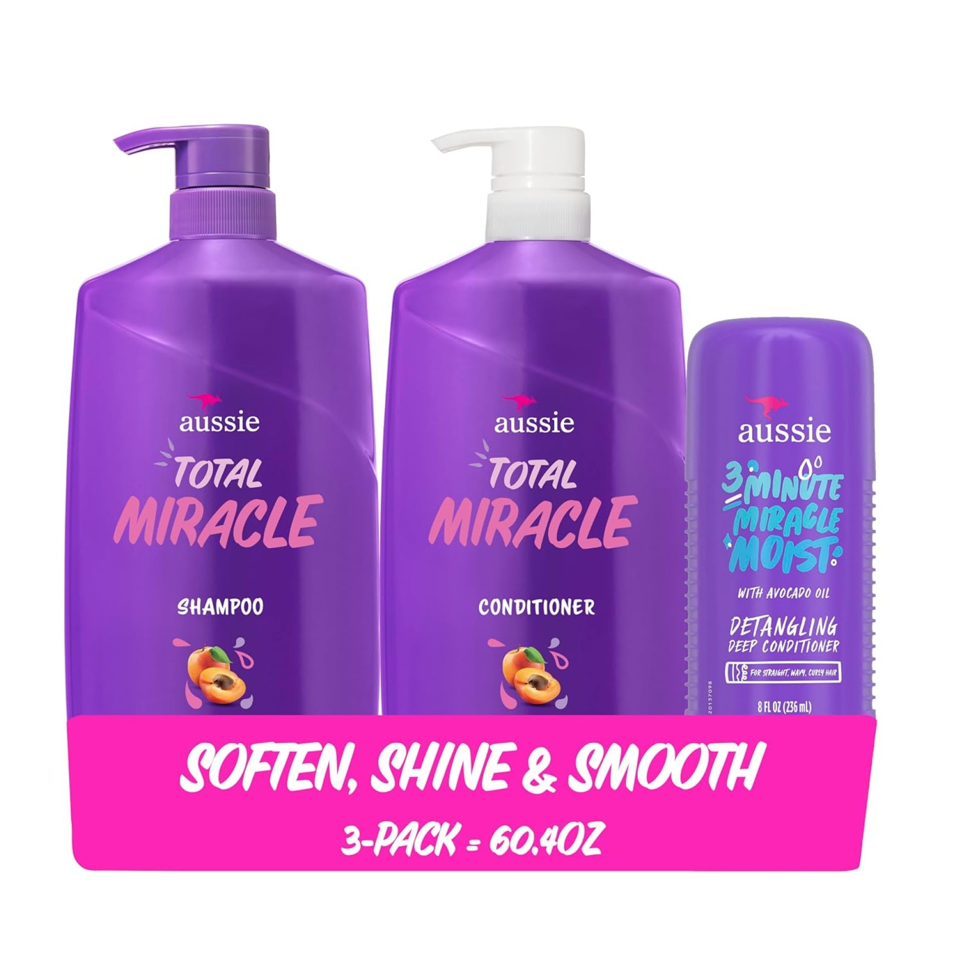 Aussie Total Miracle Hair Care Bundle: Shampoo, Conditioner, and 3 Minute Deep Treatment with Apricot & Macadamia Oil, Paraben-Free for Damaged Hair, 26.2 & 8 Fl Oz Aussie Total Miracle Hair Care Bundle: Shampoo, Conditioner, and 3 Minute Deep Treatment with Apricot & Macadamia Oil, Paraben-Free for Damaged Hair, 26.2 & 8 Fl Oz