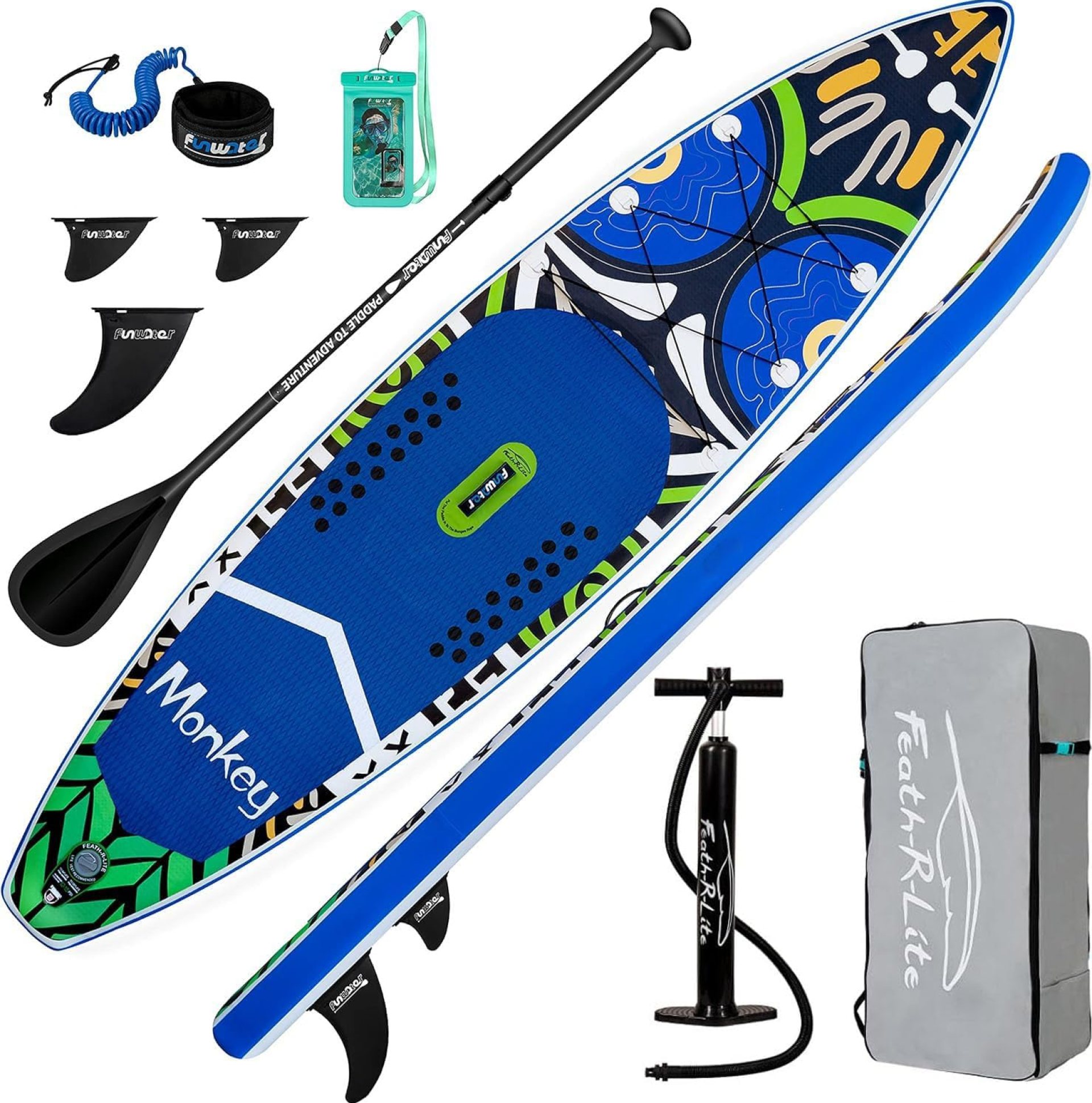 FEATH-R-LITE Inflatable Paddle Board Stand Up Paddleboards for Adults SUP with Complete Premium Accessories Pump, Adjustable Paddle, Leash, Three Fins, Waterproof Phone Bag, Repair Kit, Backpack FEATH-R-LITE Inflatable Paddle Board Stand Up Paddleboards for Adults SUP with Complete Premium Accessories Pump, Adjustable Paddle, Leash, Three Fins, Waterproof Phone Bag, Repair Kit, Backpack