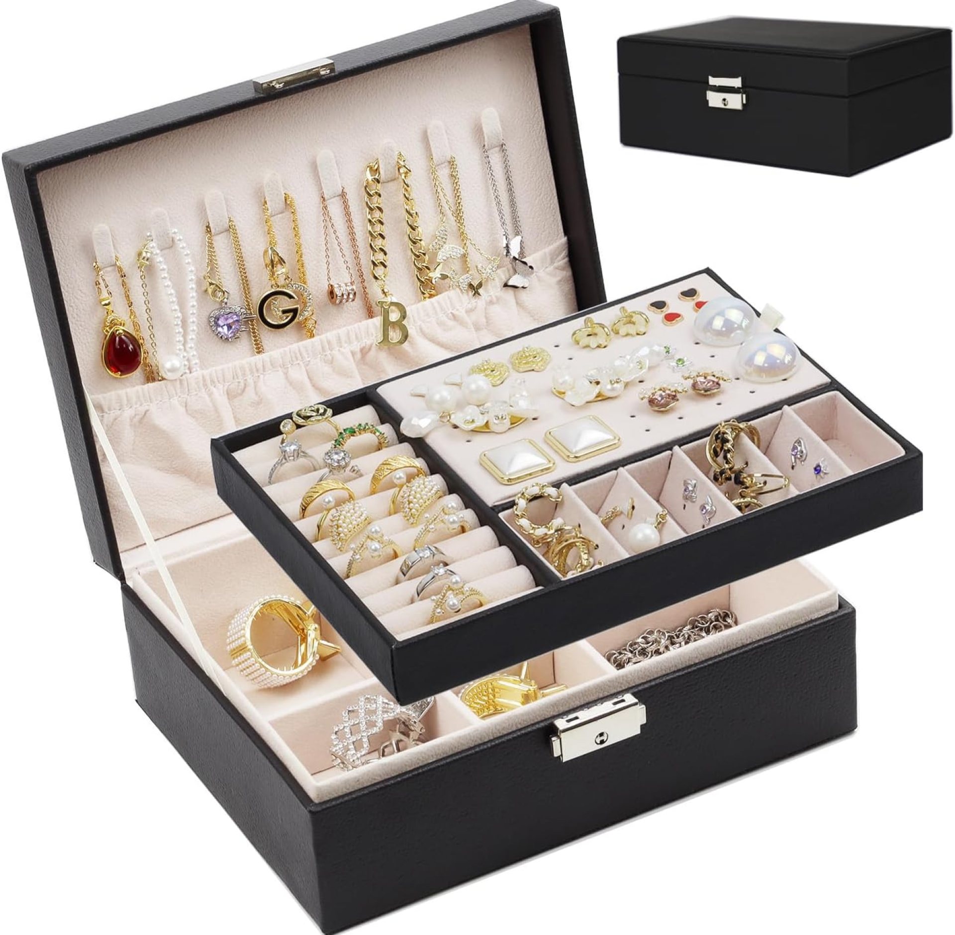 SYCARON Jewelry Box Organizer for Women, Jewelry Organizers 2 Layer Jewelry Storage Box PU Leather with Lock for Women Girls Rings Earrings Necklace Bracelets, Black SYCARON Jewelry Box Organizer for Women, Jewelry Organizers 2 Layer Jewelry Storage Box PU Leather with Lock for Women Girls Rings Earrings Necklace Bracelets, Black