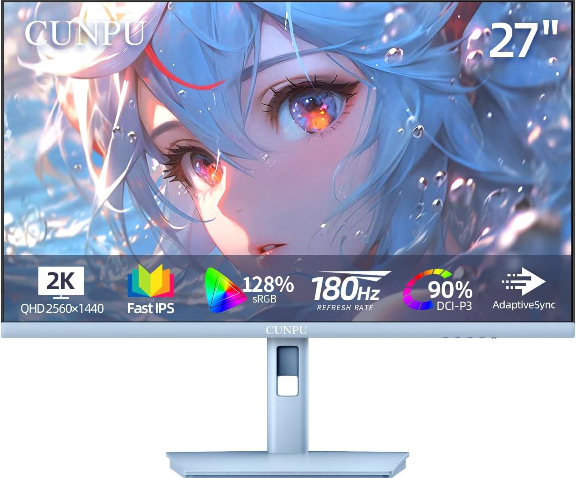 27 Inch Pastel Blue Gaming Monitor, QHD 2560×1440 Fast IPS 180Hz Computer Monitor, 90% DCI-P3, Adaptive Sync, Built- in Speaker, Height/Swivel/Tilt/Pivot Adjustable Stand, HDMI, Displayport 27 Inch Pastel Blue Gaming Monitor, QHD 2560×1440 Fast IPS 180Hz Computer Monitor, 90% DCI-P3, Adaptive Sync, Built- in Speaker, Height/Swivel/Tilt/Pivot Adjustable Stand, HDMI, Displayport