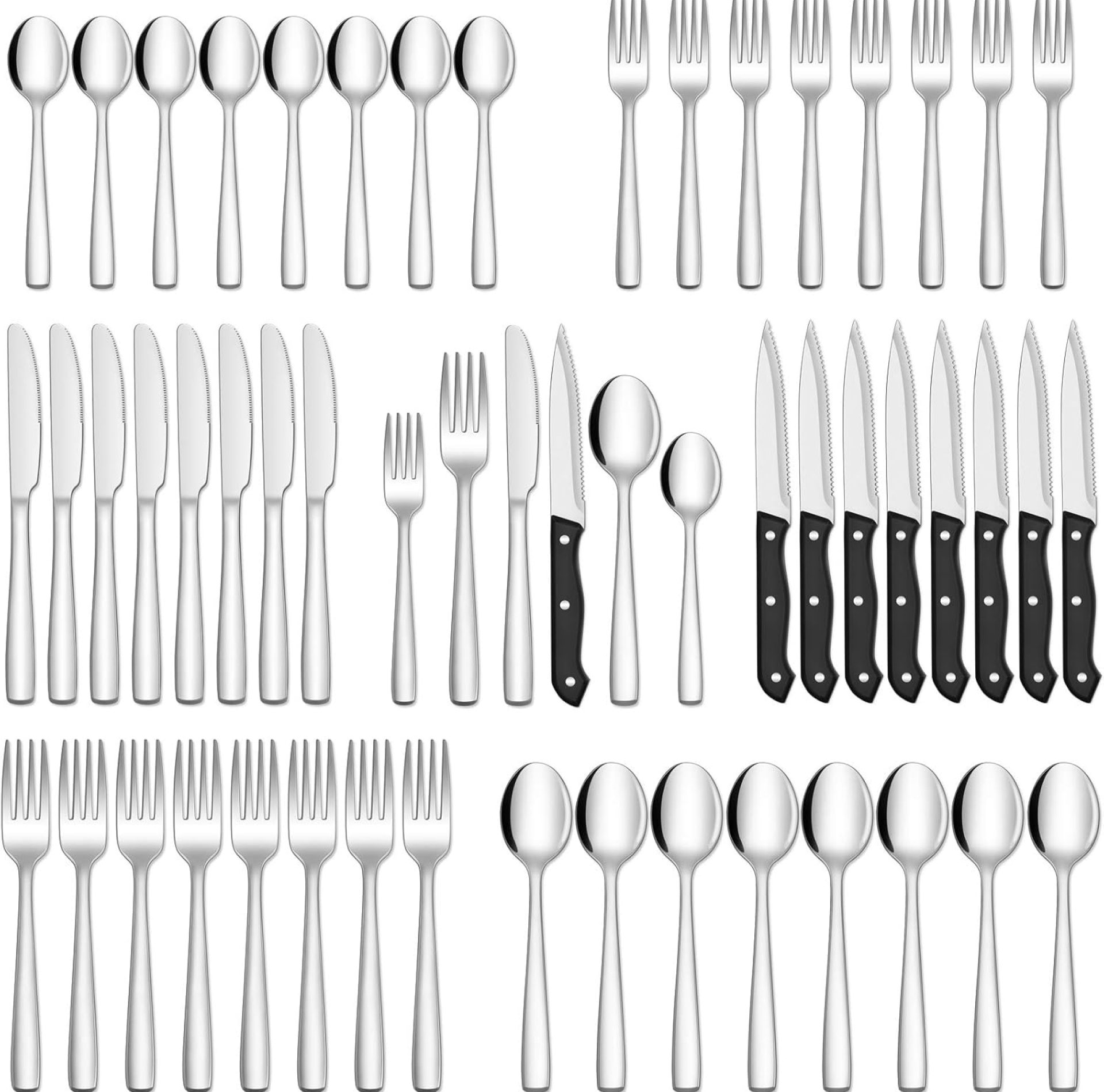 HIWARE 48-Piece Silverware Set with Steak Knives for 8, 18/8 Stainless Steel Flatware Cutlery Set For Home Kitchen Restaurant Hotel, Kitchen Utensils Set, Mirror Polished, Dishwasher Safe HIWARE 48-Piece Silverware Set with Steak Knives for 8, 18/8 Stainless Steel Flatware Cutlery Set For Home Kitchen Restaurant Hotel, Kitchen Utensils Set, Mirror Polished, Dishwasher Safe