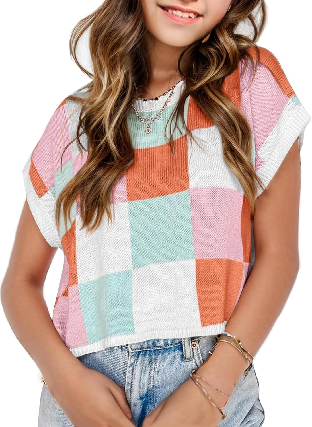Girls Summer Crop Tops Spring Vest Cute Tanks Cap Sleeve Colorblock Tee Loose Kids Fall Knit Top Girls Summer Crop Tops Spring Vest Cute Tanks Cap Sleeve Colorblock Tee Loose Kids Fall Knit Top