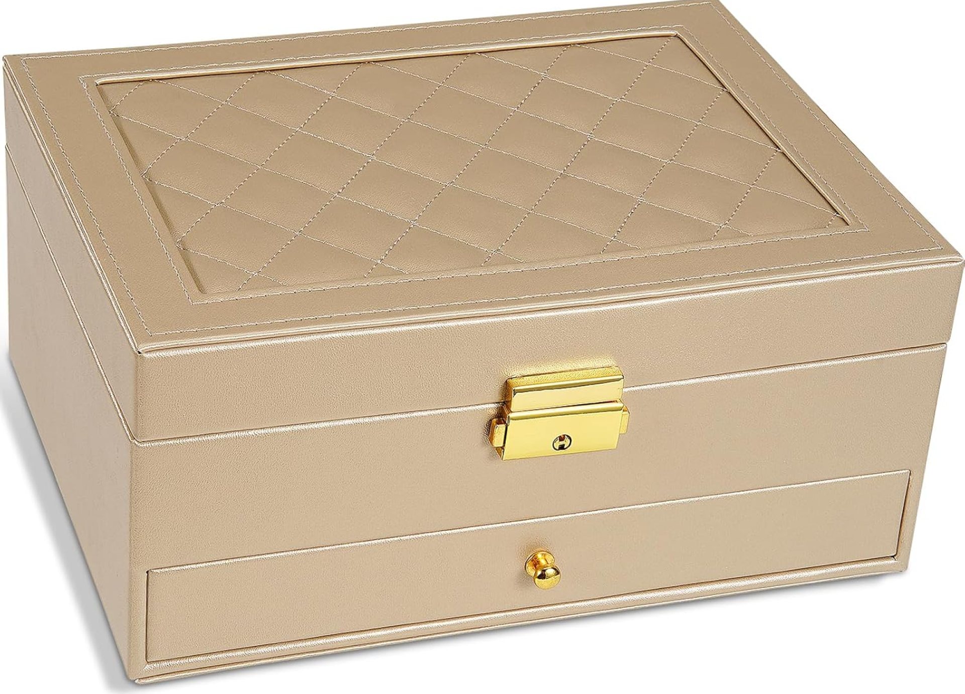 Jewelry Box for Women Girl Wife – Large PU Leather Jewelry Organizer Storage Case with Two Layers Display for Earrings Bracelets Rings Watches (Champagne) Jewelry Box for Women Girl Wife – Large PU Leather Jewelry Organizer Storage Case with Two Layers Display for Earrings Bracelets Rings Watches (Champagne)