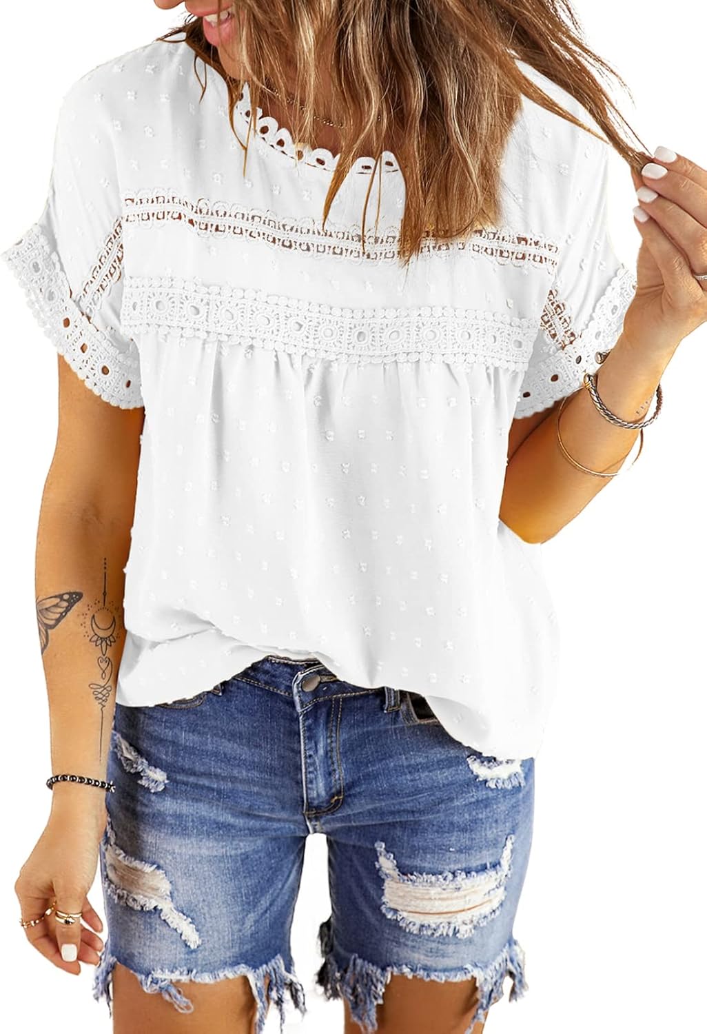Dokotoo Womens Summer Tops Crewneck Lace Crochet Short Sleeve Shirts Casual Chiffon Blouses Dokotoo Womens Summer Tops Crewneck Lace Crochet Short Sleeve Shirts Casual Chiffon Blouses